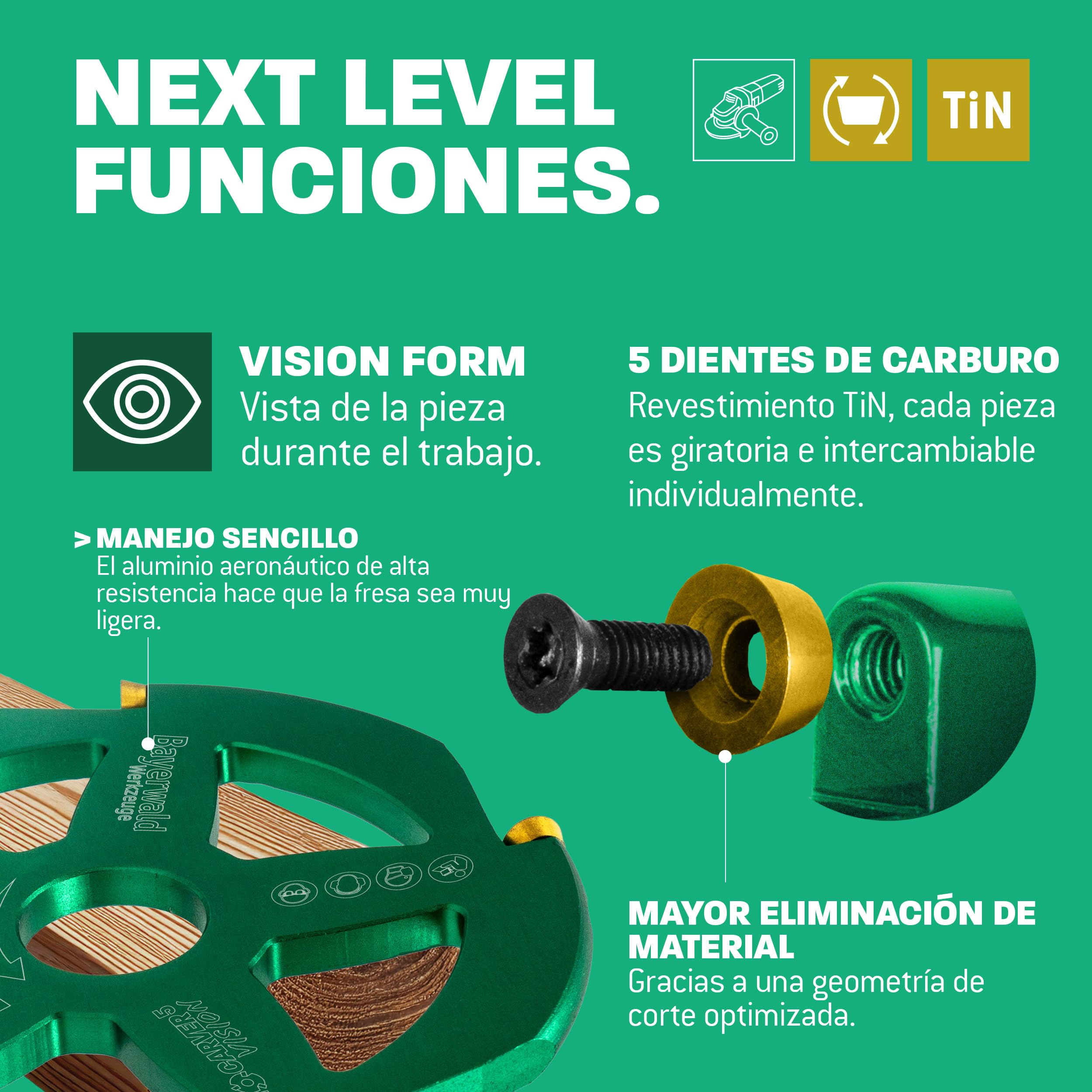 Bayerwald NeoCarver 5 Vision V2 - Disco de fresado de metal duro para madera - Fresa para tallar madera de aluminio para amoladora angular para separar, lijar, desbastar, etc. - Diámetro de 115 mm x
