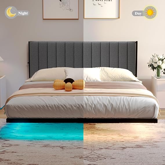 DUMEE King Size Bed Frame with Upholstered Headboard, 5ft Floating Upholstered Kingsize Bed Frame with Charging Station and LED Light, No Box Spring Needed,Metal Slats Support, Gray Floating Bed