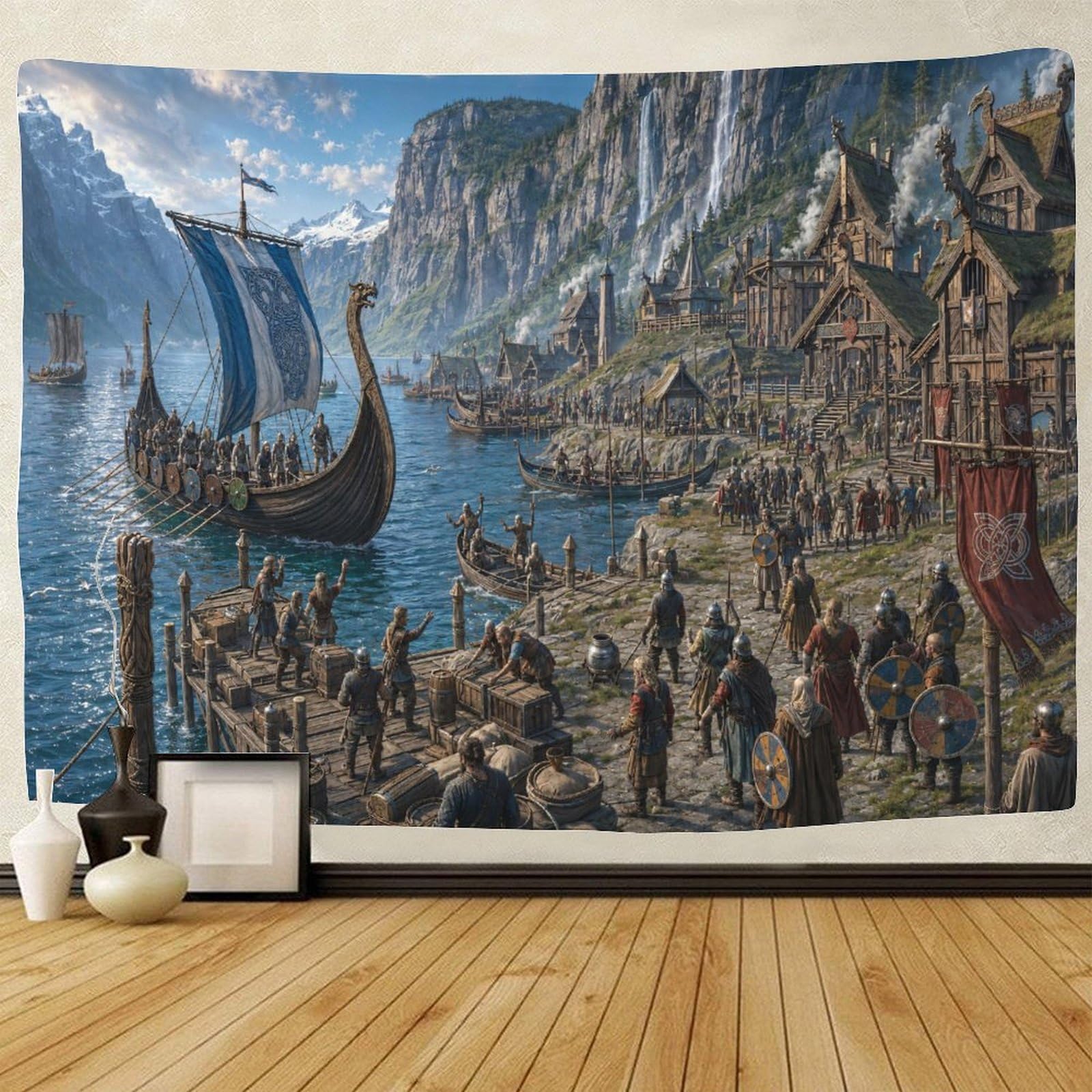 ASDFGHJKLZA Viking Longship Nordic Fjord Village 3D Print Wall Tapestry Wall Hanging Decor Tapestries Poster Home Decoration Bedroom Living Room 180cmx230cm