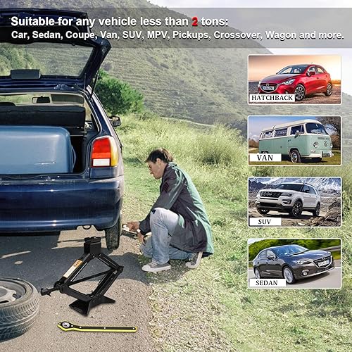 Miniatura 7 de Juego de gato de tijera, 2 toneladas (4409 libras) Kit de gato en espiral de doble diente mejorado, kit de cambio de neumáticos de elevación rápida,