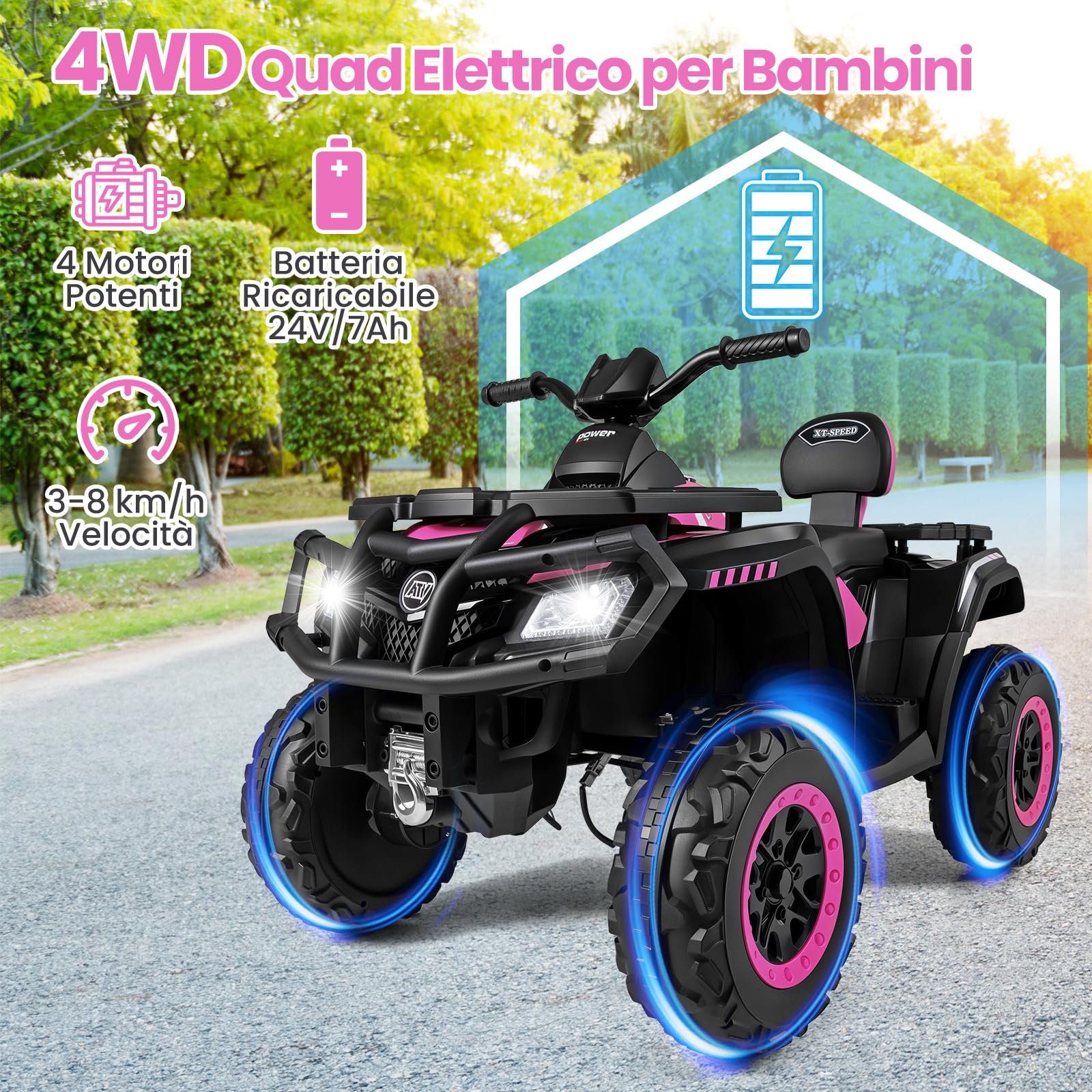 COSTWAY 24V Quad Elettrico per Bambini a 2 Posti, Macchina Elettrica per Bambini 3-8 Anni con 4 Motori, 4 Ruote Antiusura, Luci LED e Musica, Avvio Morbido e 2 Velocità Regolabili, 3-8 km/h (Rosa)