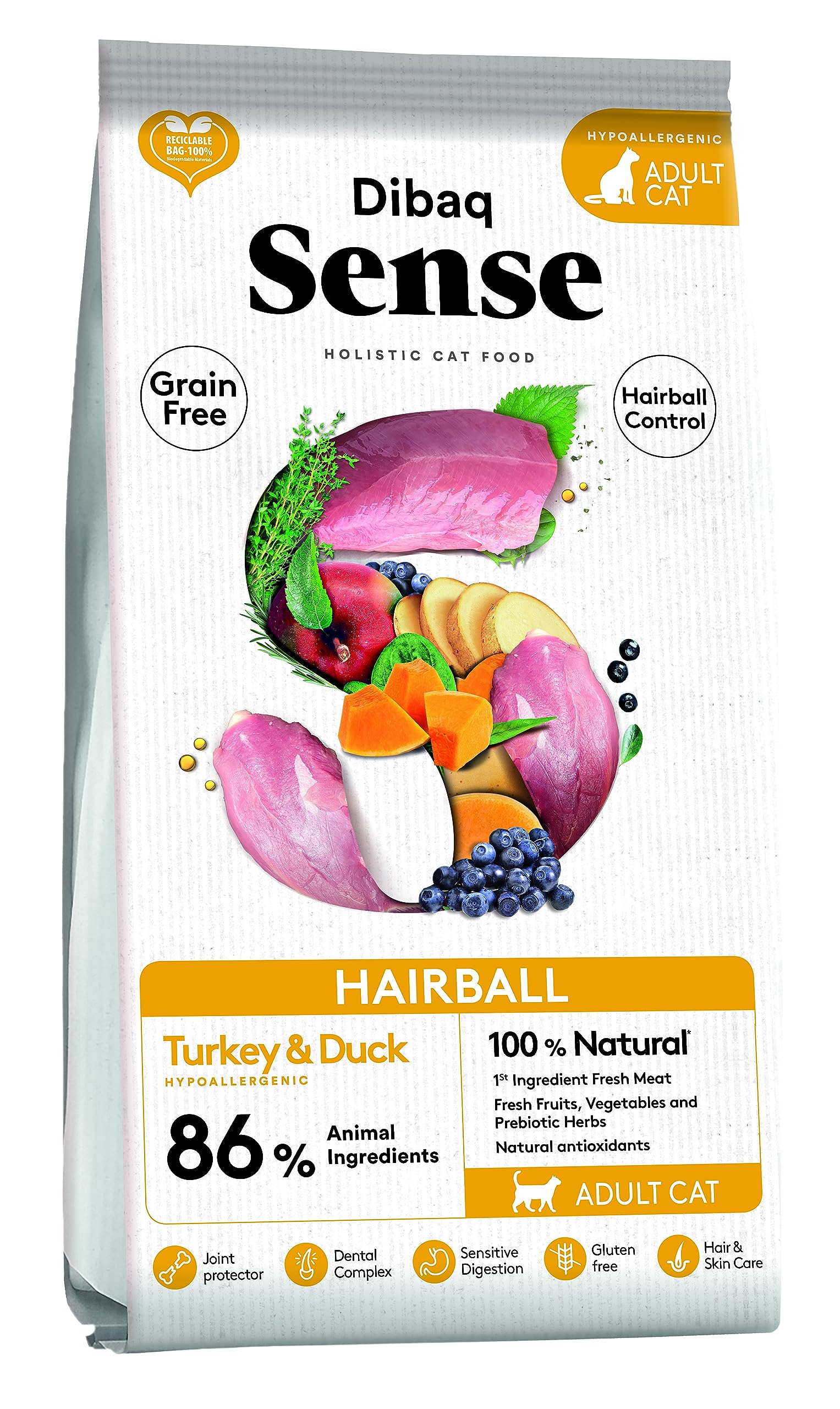 Dibaq Sense Cat Hairball: pienso de Pavo y Pato, Especial para gatos Adultos de Pelo Largo y esterilizados. 100% Natural y sin Cereales. 6 kg.
