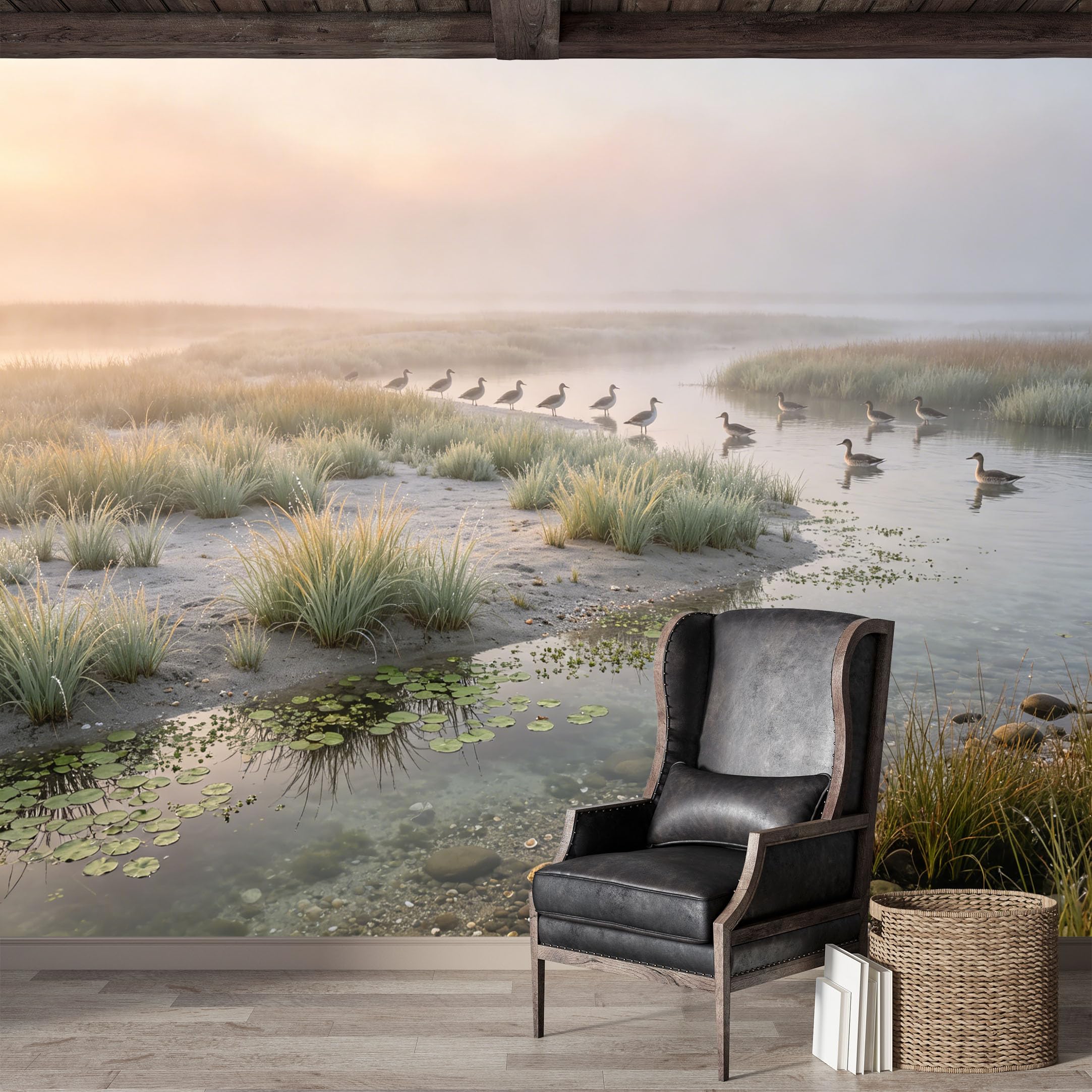 Custom Size Wall Mural,Foggy Morning Serene Lake and Birds Premium Water Activated SelfAdhesive Wallpaper,Removable Wall Covering,Easy DIY Install Wall Art for Indoor Home Decor