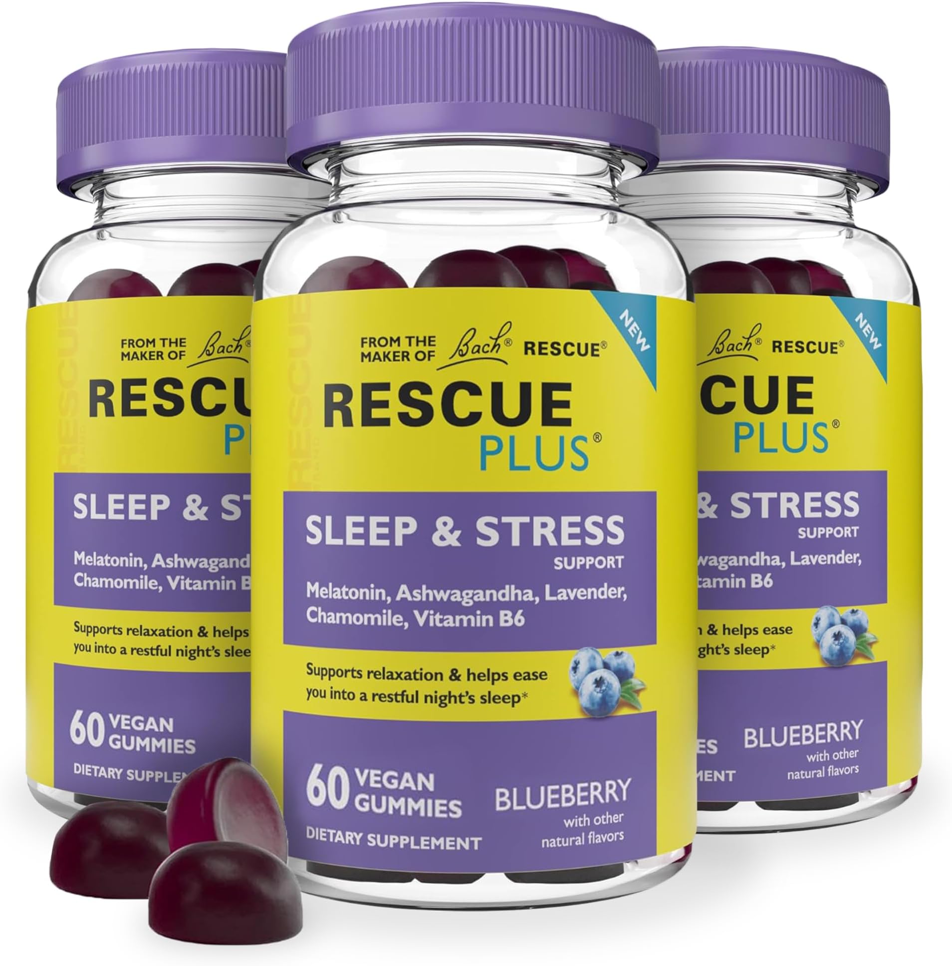 Bach Plus Sleep & Stress Support Gummies, Nighttime Dietary Supplement with 1mg Melatonin, Ashwagandha, Chamomile, Lavender & Vitamin B6, Natural Blueberry Flavor, Vegan & Gluten-Free, 3 Pack,