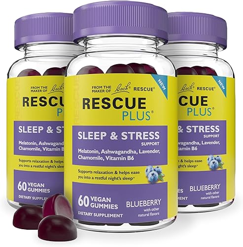 RESCUE Bach Plus - Gomitas de apoyo para el sueño y el estrés, suplemento dietético nocturno con 1 mg de melatonina, ashwagandha, manzanilla,