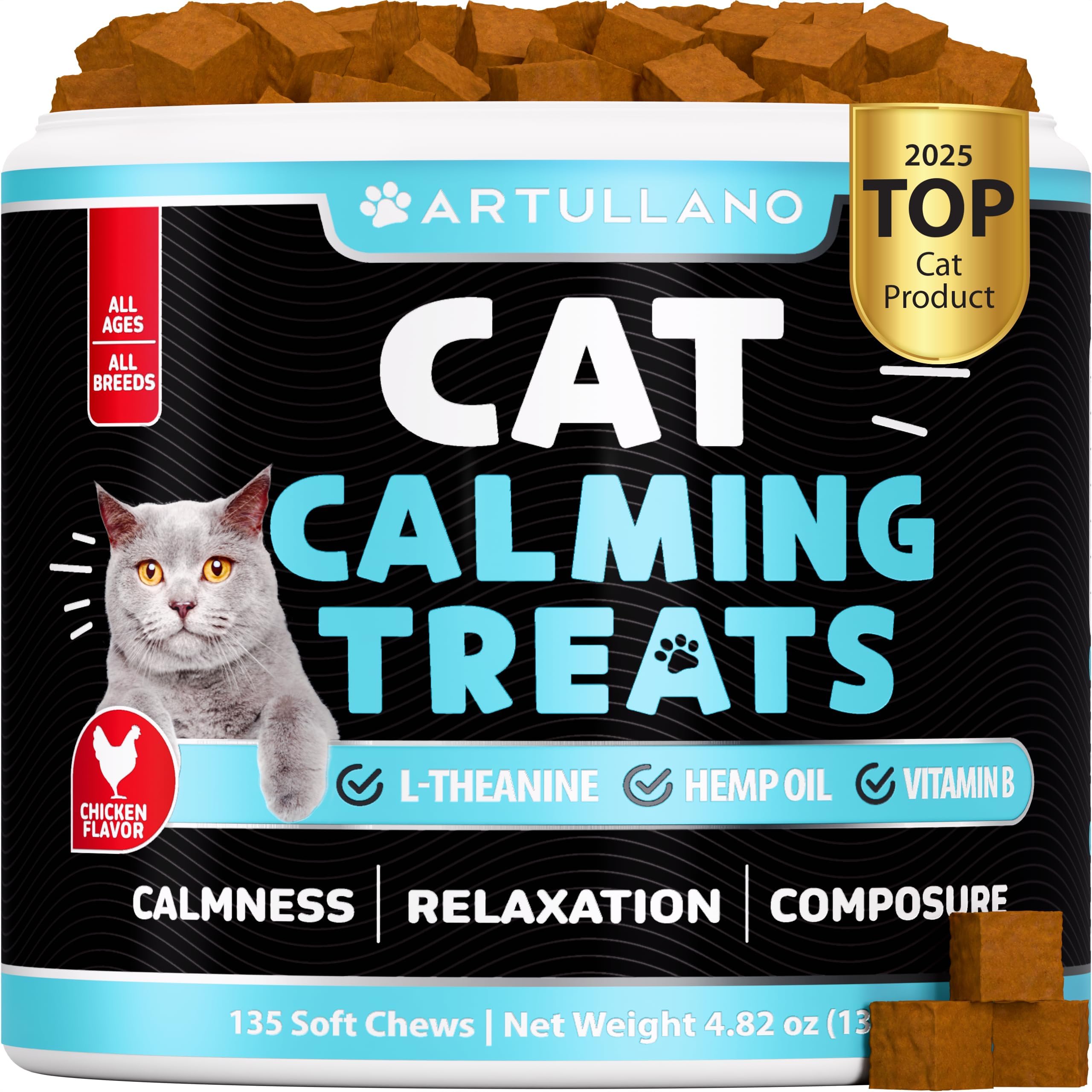 Hemp Cat Calming Treats for Stress & Anxiety Relief - Cat & Kittens - Melatonin - Storm Anxiety, Сomposure, Grooming, Separation, Veterinary Visits, Travel Care - Calming Aid with Hemp Oil - 135 Chews