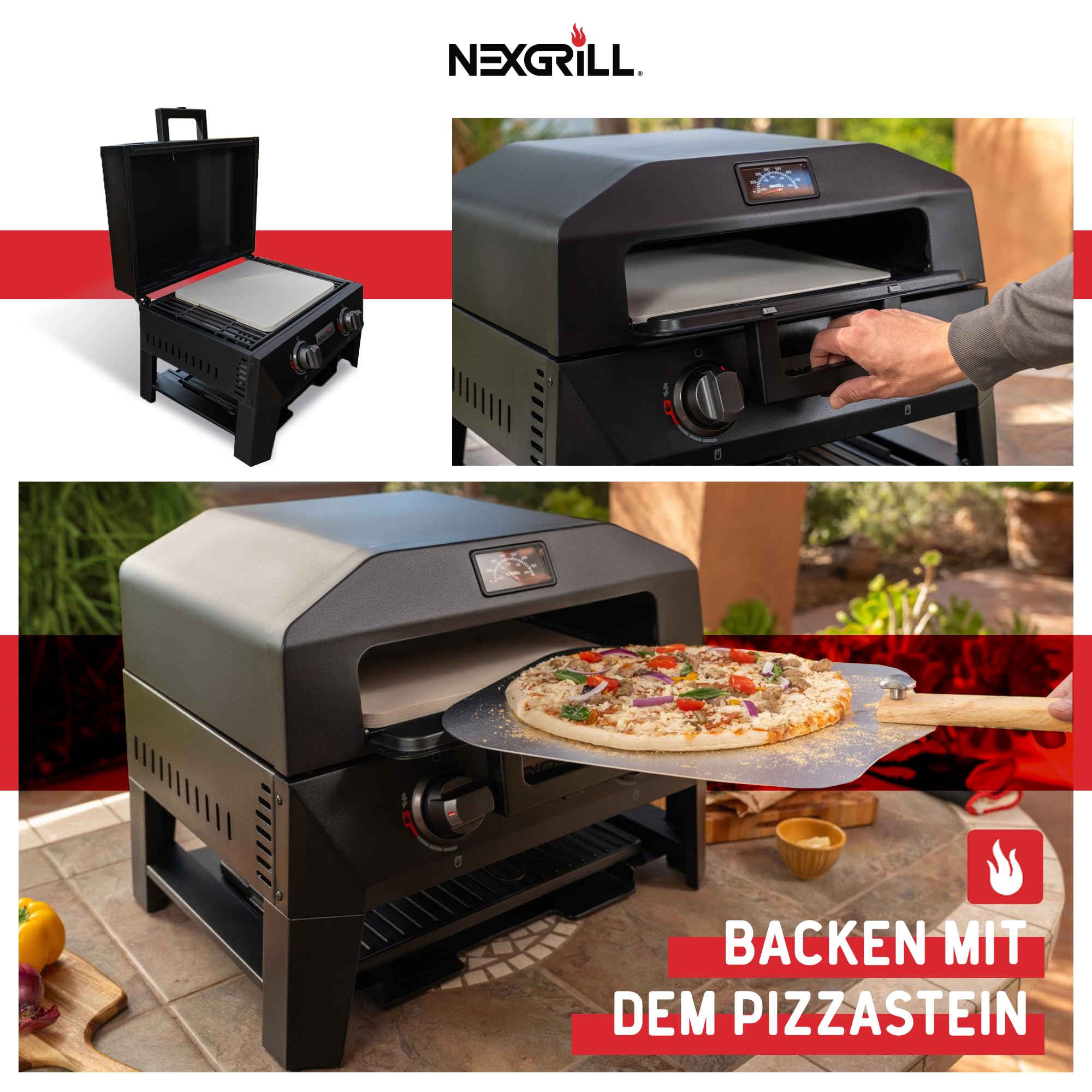 Nexgrill 4-in-1 Gasgrill/Tischgrill mit 2 Brennern, Pizzaofen-Funktion, Cordierit-Pizzastein & Wende-Grillplatte – Kompakter Outdoorgrill aus Stahl mit Stauraum für Zubehör