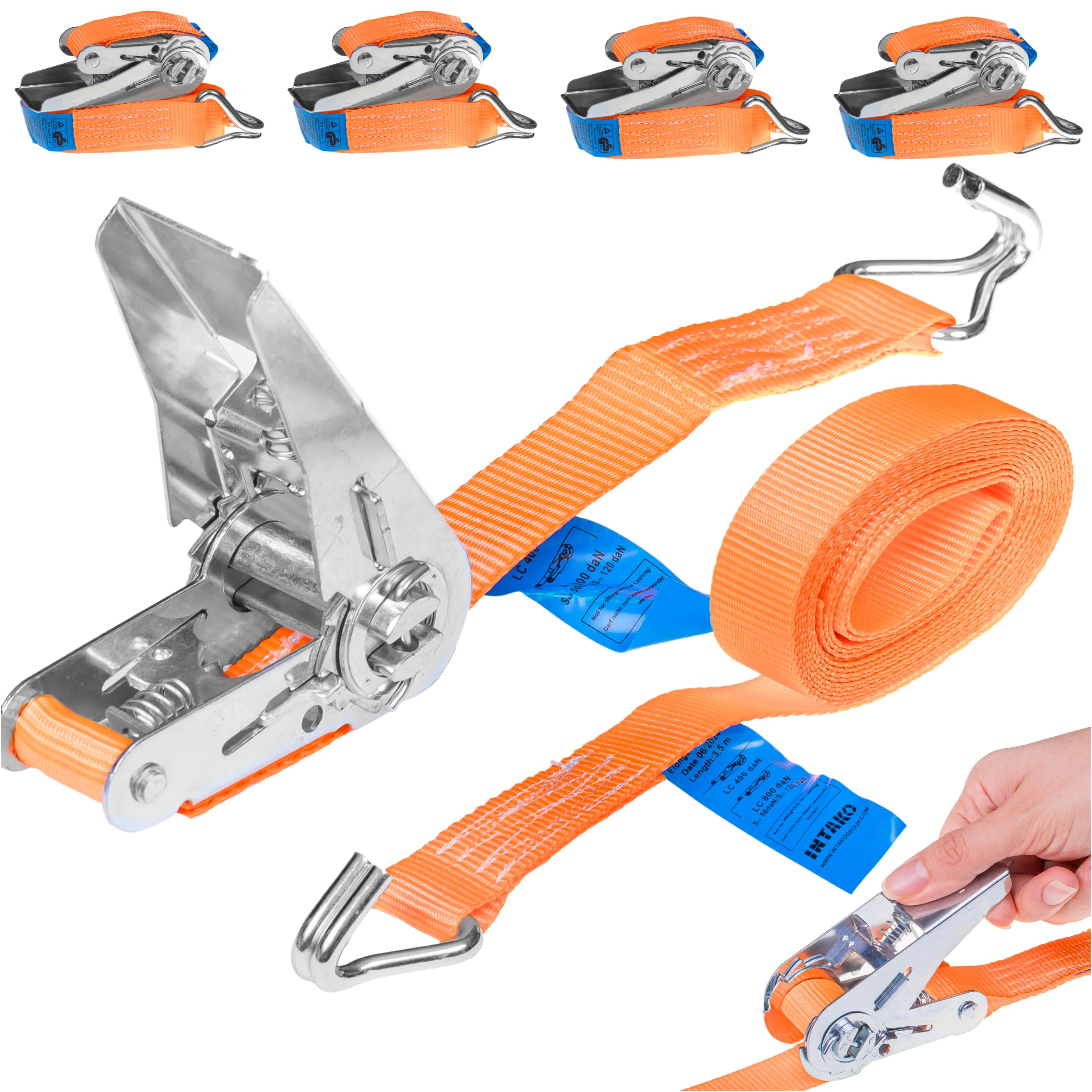 INTAKO Spanngurte mit Ratsche und Haken 4m (3,5m + 0,5m) - 800kg 25mm - TÜV & DIN Geprüft - 2-teilig Zurrgurte, Ratschengurte, Spanngurt für Anhänger (Orange, 4m (4 Stück))
