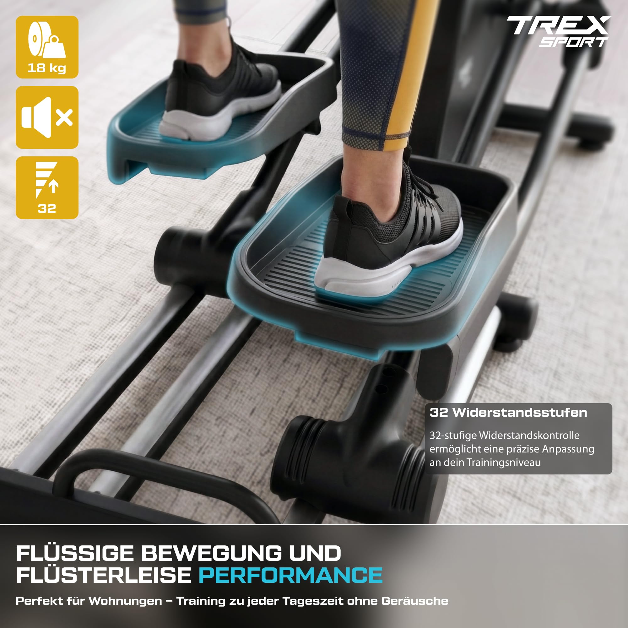 TREX SPORT Crosstrainer für zuhause Argon bis 135kg 32 Stufen Kinomap App | TX-900ECT Ellipsentrainer mit elektromagnetischem System, 18 kg Schwungrad, 32 Widerstandsstufen, 21 Programme, Schwarz