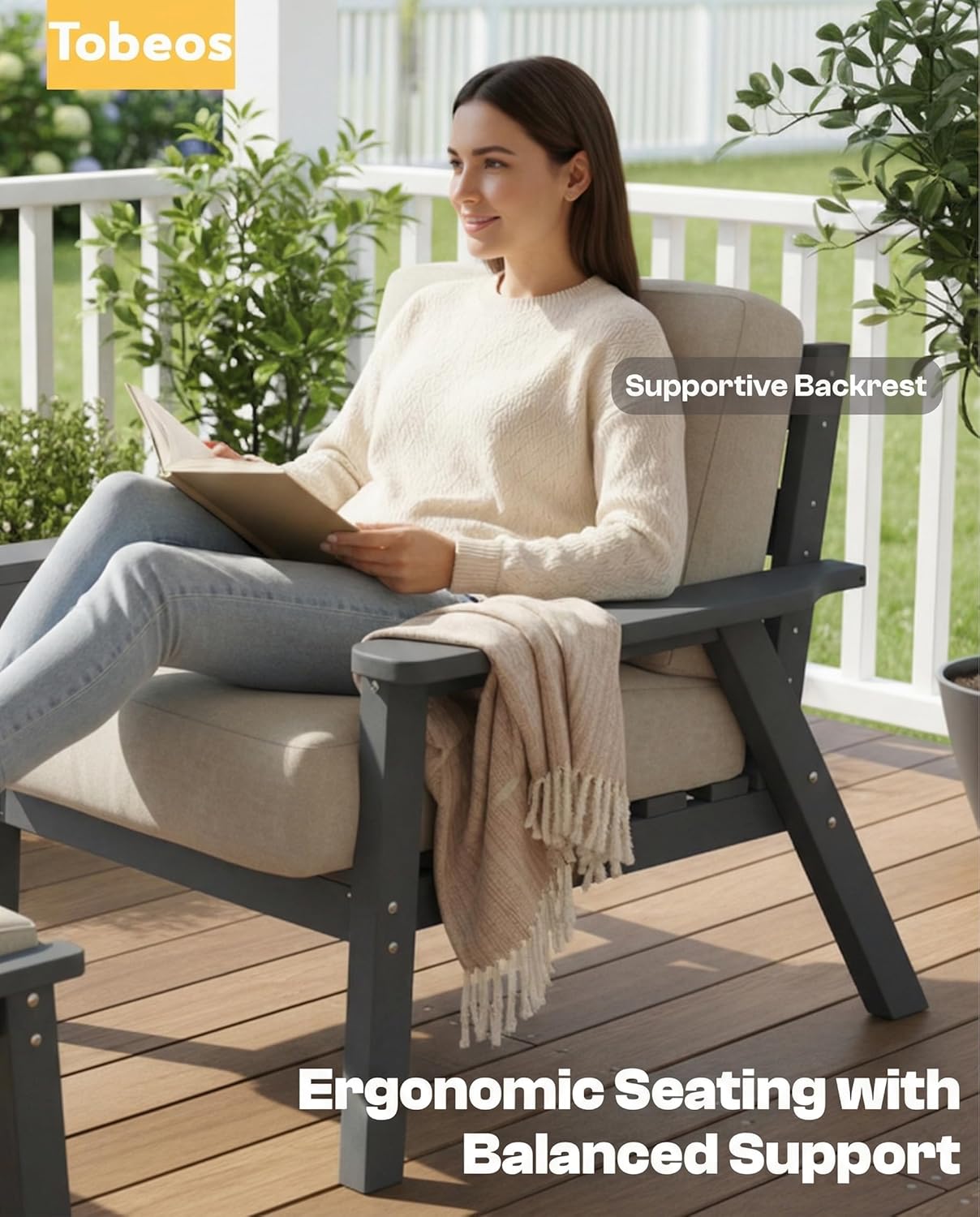 Patio Furniture Set, HDPE Outdoor Sofa Set with Beige Washable Cushions, Patio Conversation Sets for Lawn, Garden, Porch, Balcony & Deck, Durable Outdoor Sectional Furniture (Gray Frame)