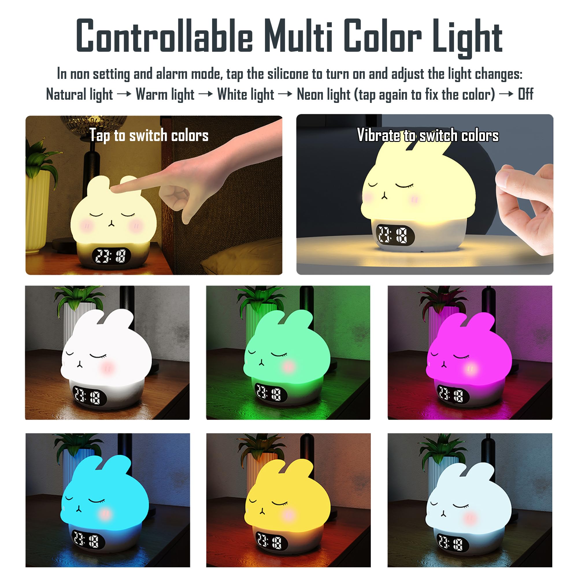 Cute Bunny - Luz nocturna recargable RGB, pantalla de silicona suave, reloj LED de brillo ajustable, fecha, alarma, termómetro, temporizador, control de grifo, lámpara de dormitorio, regalo para niñas