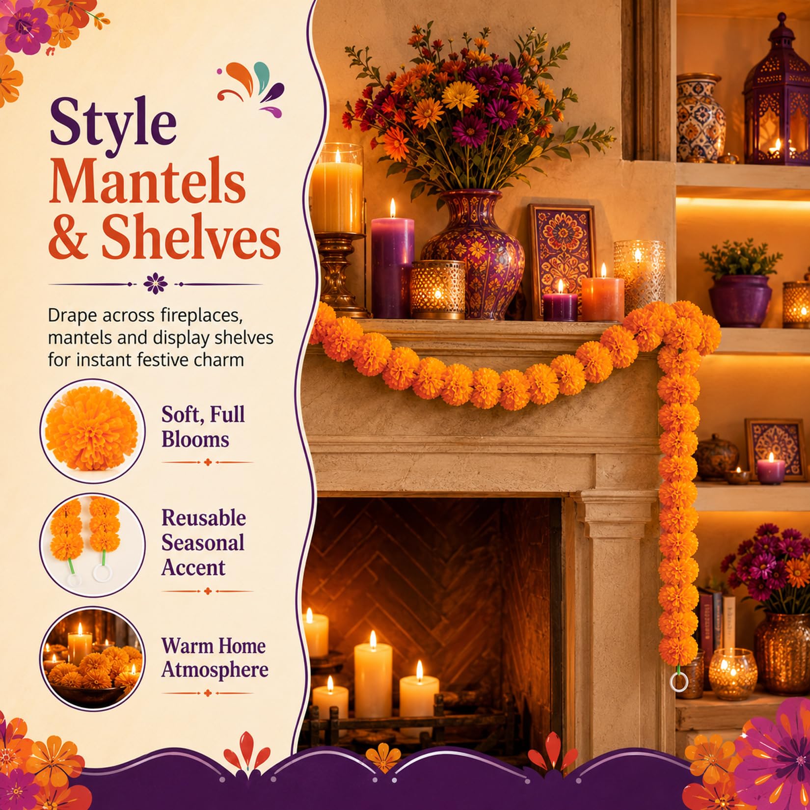 RAINFLOW Marigold Garland - Light Orange Decor -2