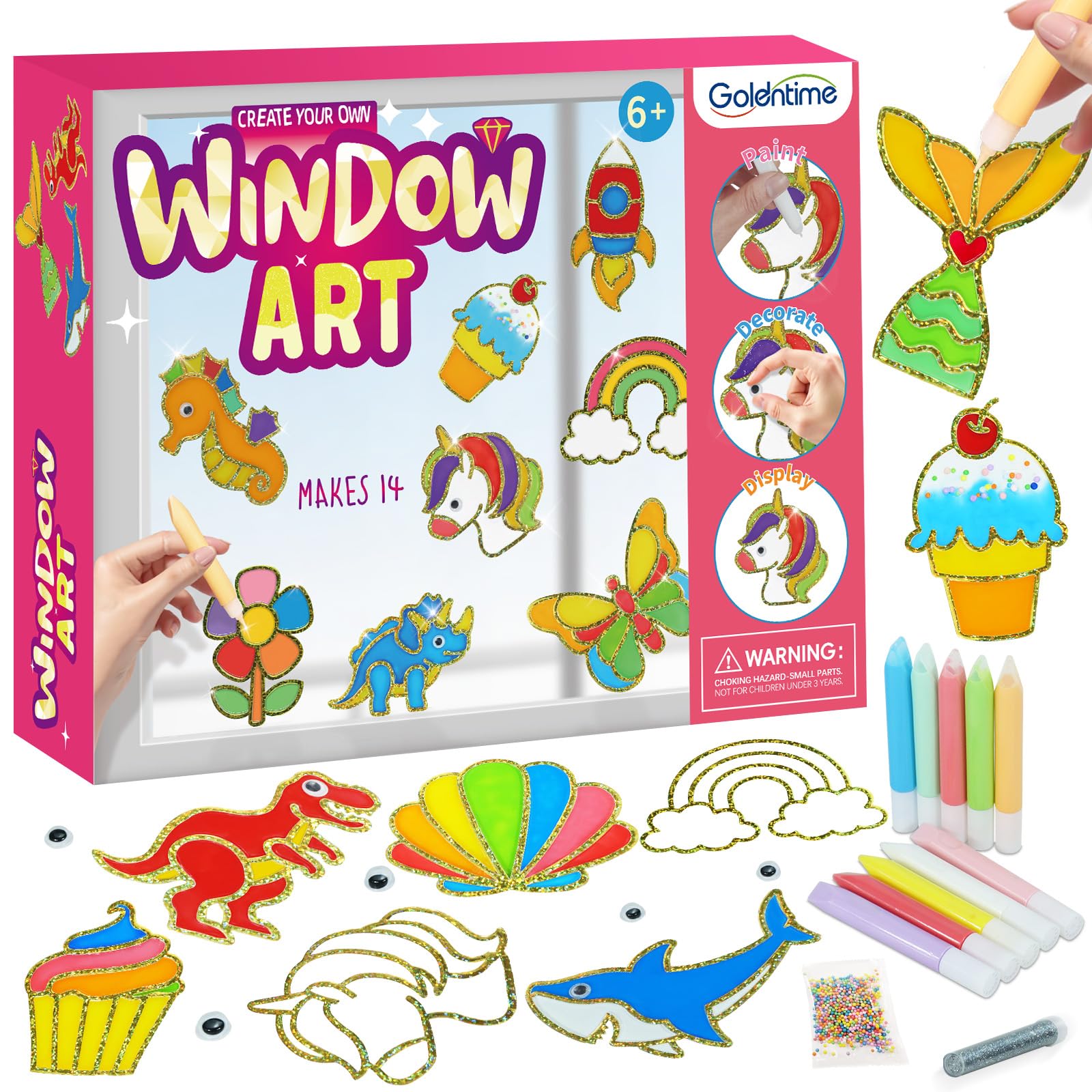 goldentime Create Your Own Fun Window Art Kit for Kids Ages 6+ Including 14 DIY Suncatchers with 10 Window Paints, Glitter & Googly Eyes -Perfect Kids Window Painting Craft Kit for DIY Window Art