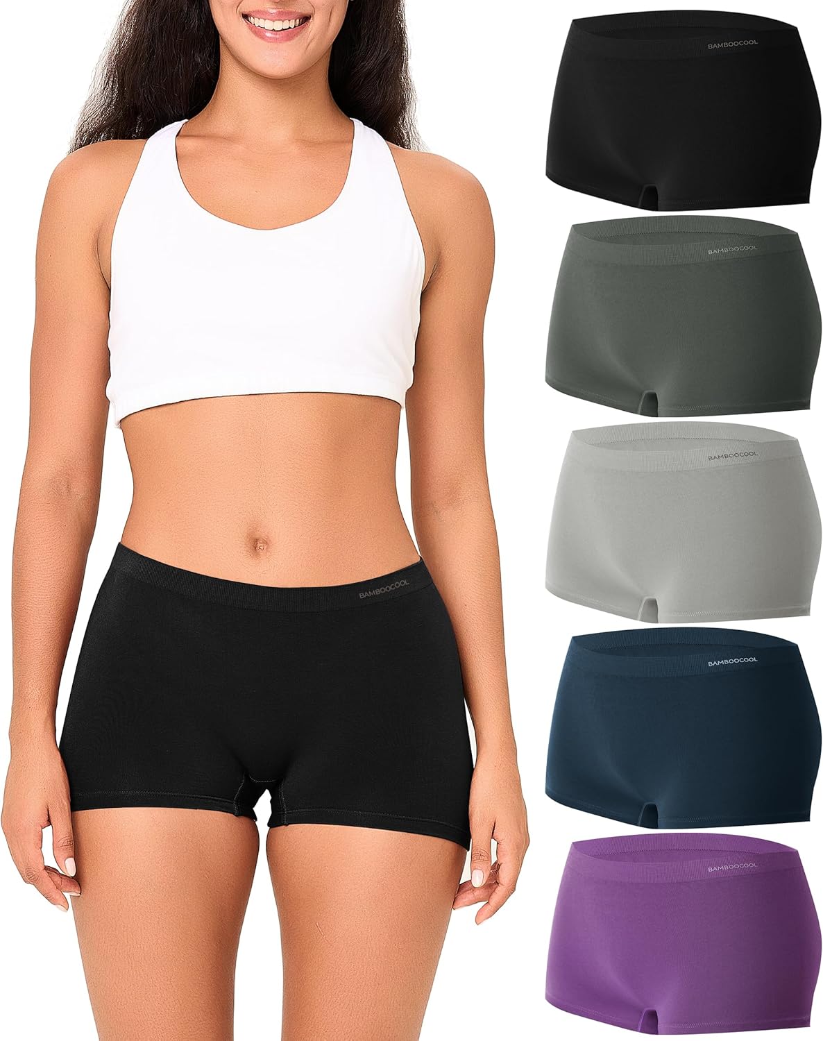 BAMBOO COOL Seamless Boyshort Underwear for Women Mid Waist Stretchy Panties Moisture Wicking Boxer Briefs 5 Pack