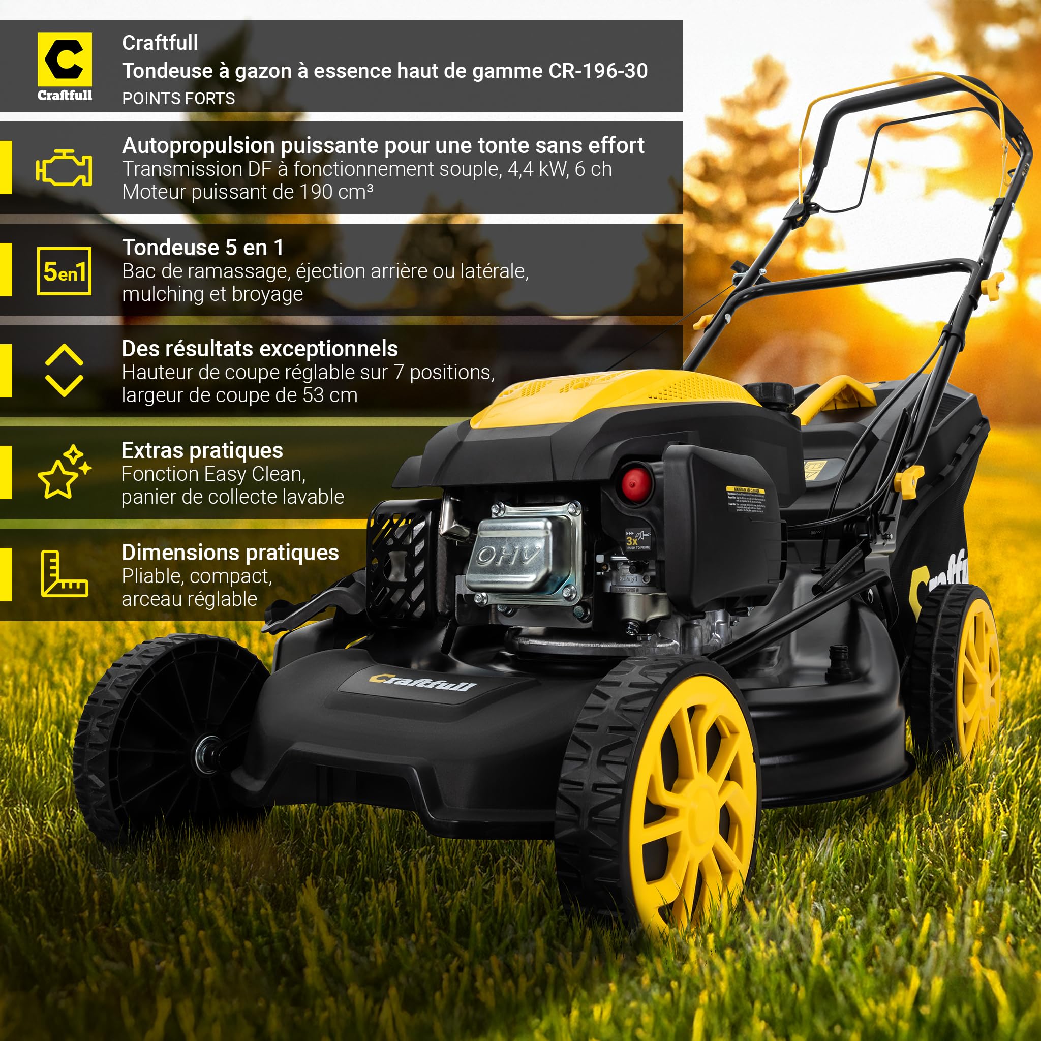 Craftfull Tondeuse à Gazon Thermique CR-196-30 | 4 KW 5,4 CV | Moteur OHV 190 cm³ | Autotractée avec Transmission à Faible Friction (4 KW 5,4 CV Gris)