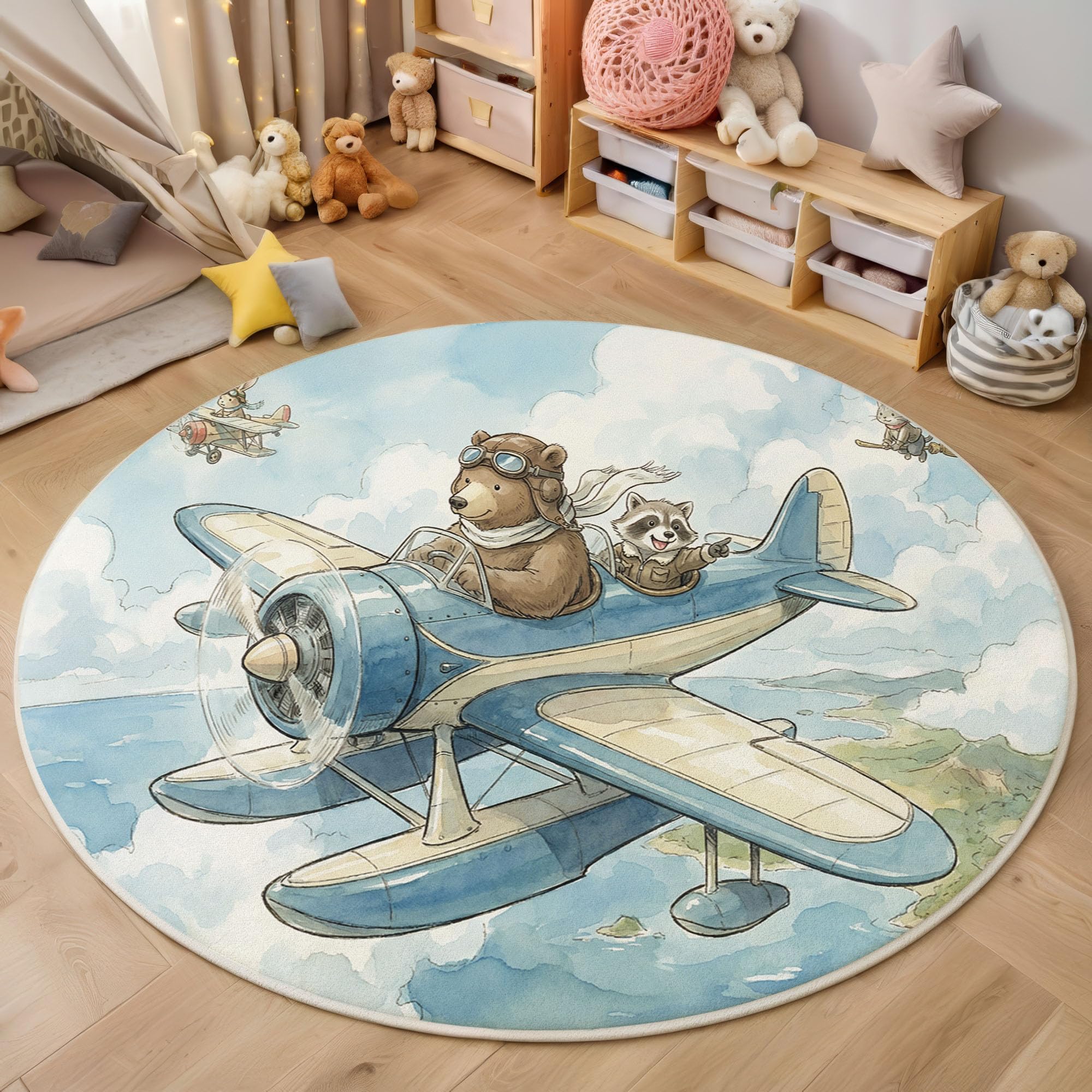Tapis enfant anti-froid pour chambre, modèle rond bleu 100cm à motif raton laveur