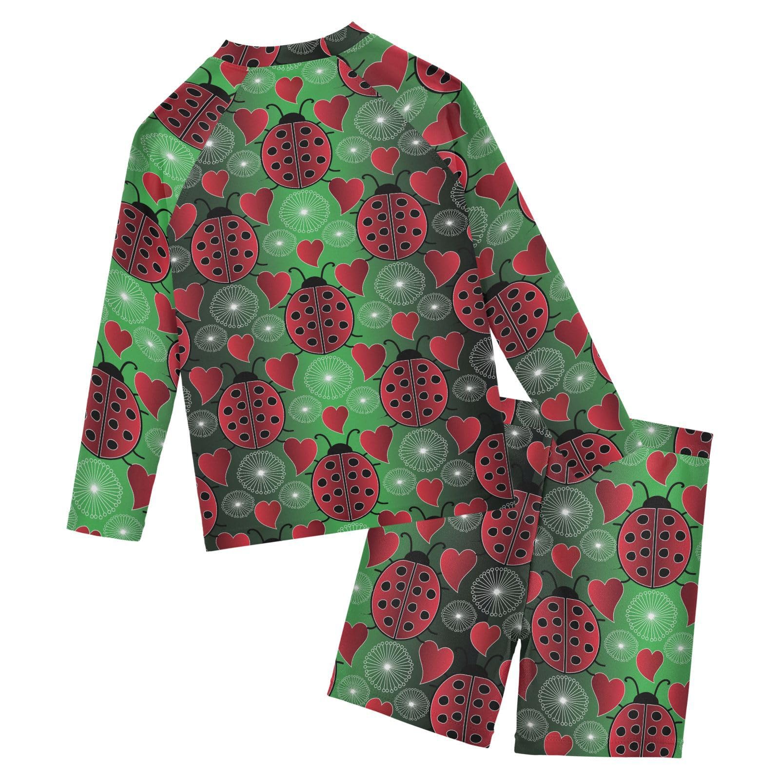 Aflyko Kids' Bathing Suit Set Ladybug Heart Red Green Long Sleeve Swim Tops with Shorts Summer Vacation Pool Party Rashguard Fun Cute Toddler Infant Beachwear, 4T