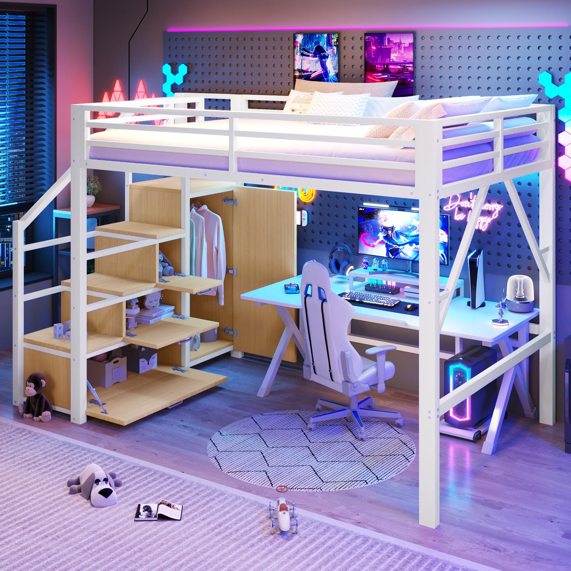 Zepneiy - Cama entrepiso con iluminación LED, 140 x 200 cm, cama entrepiso de metal, con compartimentos de almacenamiento y armario, cama doble con marco de hierro, color blanco (colchón no incluido)