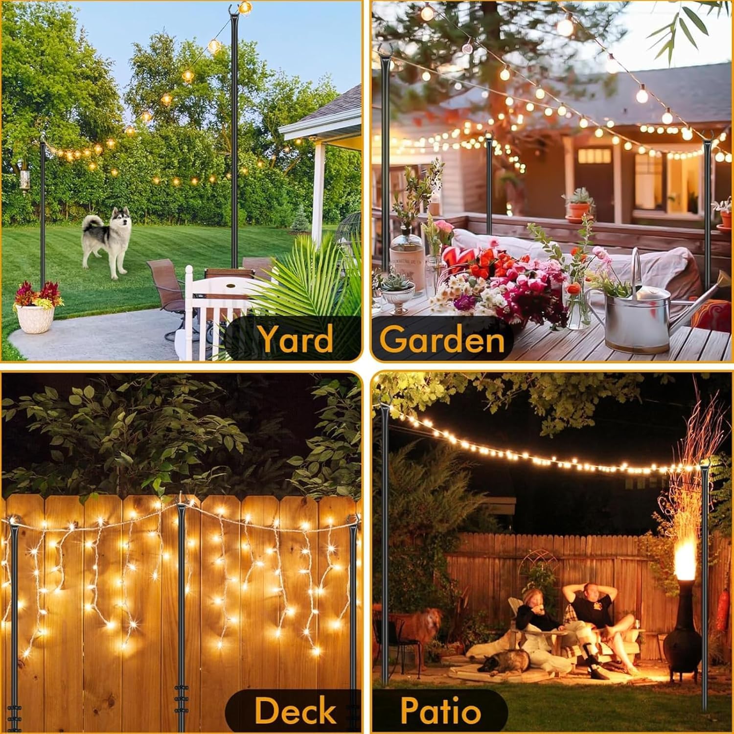 Lot de 2 poteaux lumineux pour terrasse – 2 m pour suspendre l'extérieur en acier pour décoration extérieure, jardin, cour, patio, support d'éclairage pour fêtes, Noël, mariage