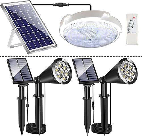 MEIHONG Lámpara solar de techo para porche + focos solares de anochecer a amanecer, luces solares de paisaje, luces solares para jardín, porche,