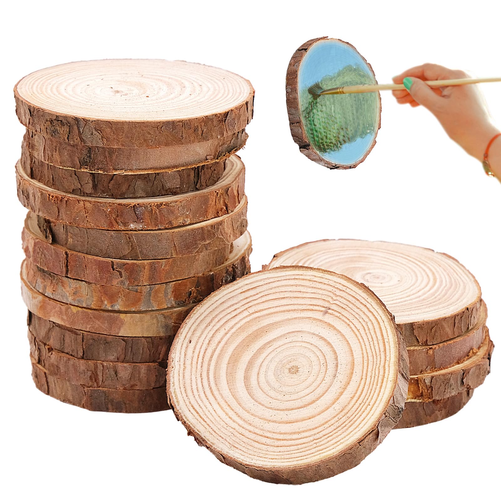 18 Pcs Natural Wood Slices, 8-10cm Diameter Unfinished Round Wood Slices kit, No Hole Log Wooden Circles for Arts, Christmas or Wedding Ornaments and DIY Crafts