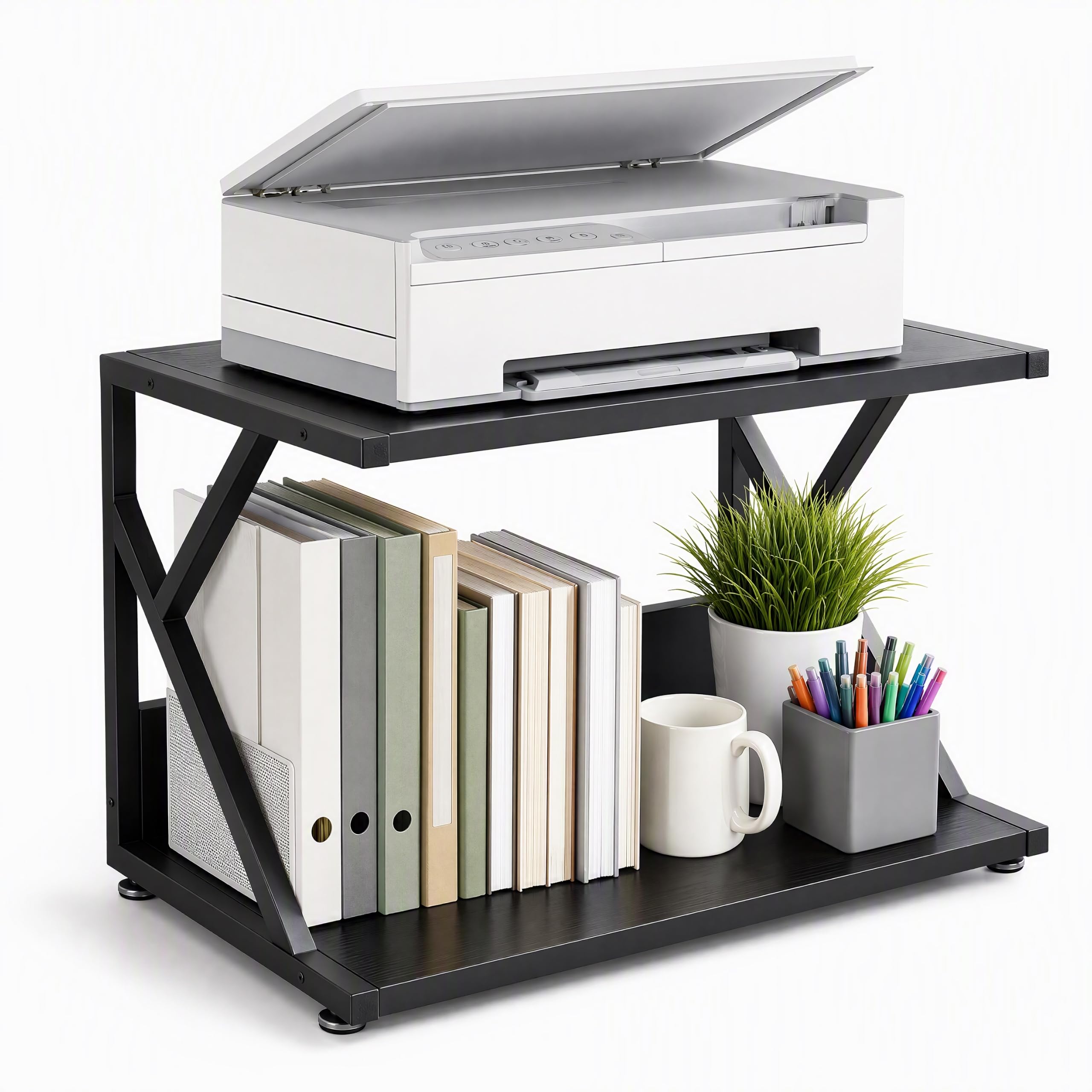Panana 2 Tier Desktop Printer Stand, Printer Table with Storage Shelves | Multi-purpose Wooden Desk Organizer for Fax Machine,Scanner, Home Office, 42 x 18 x 43cm, Black