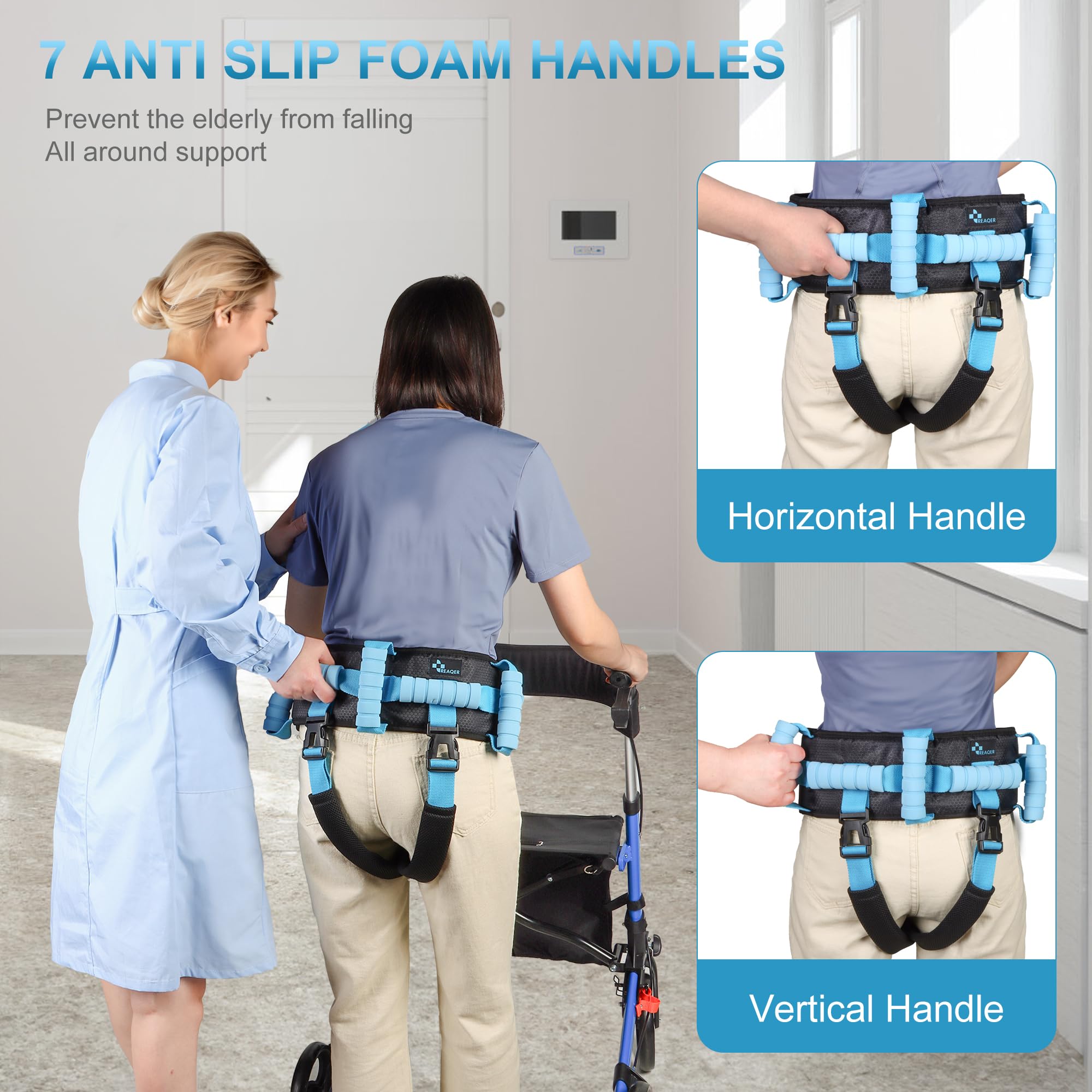 REAQER Cinturón de transferencia con 7 asas acolchadas y 2 Trabillas para las Piernas，Cinturón de Enfermería Multifuncional para ancianos, personas mayores, terapia