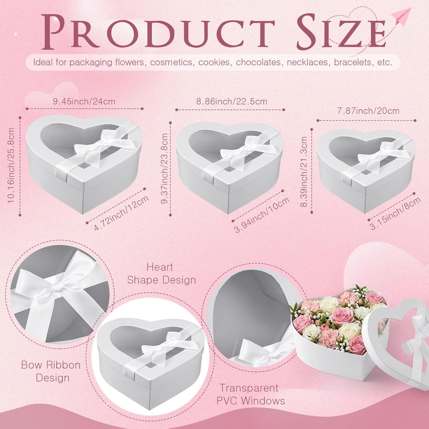 12 Pcs Valentine's Day Heart Shaped Boxes for Flower Arrangements Heart Gift Box with Transparent Window Lids for Bridesmaid Proposal Wedding Birthday, 3 Sizes(Black, White) - Image 3