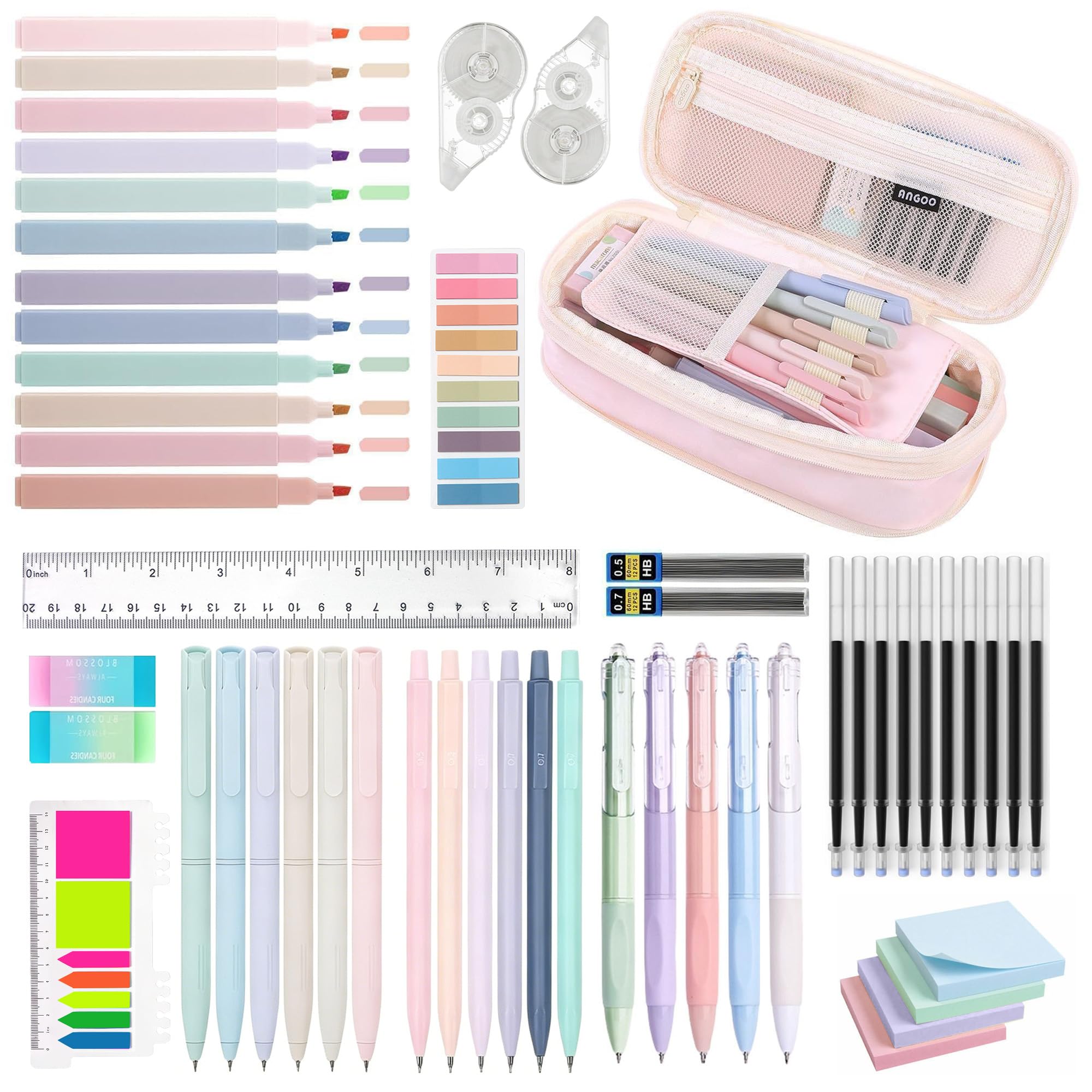53 PCS School Stationery Supplies with Large Pencil Case, 6 ColorfuI Ballpoint Pens, 12 Pastel Highlighters, 5 Black Ink Gel Pens, 6 Mechanical Pencils 0.5-0.7mm College Student Essentials and So On,