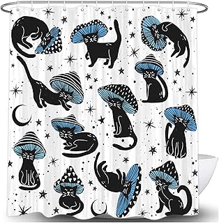 MERCHR Cute Funny Cat Mushroom Shower Curtain for Bathroom, Aesthetic Unique Fun Hilarious Black Blue and White Art Fabric Shower Curtains Set, 70s 80s Kids Decor Accessories with Hooks 72X72 in