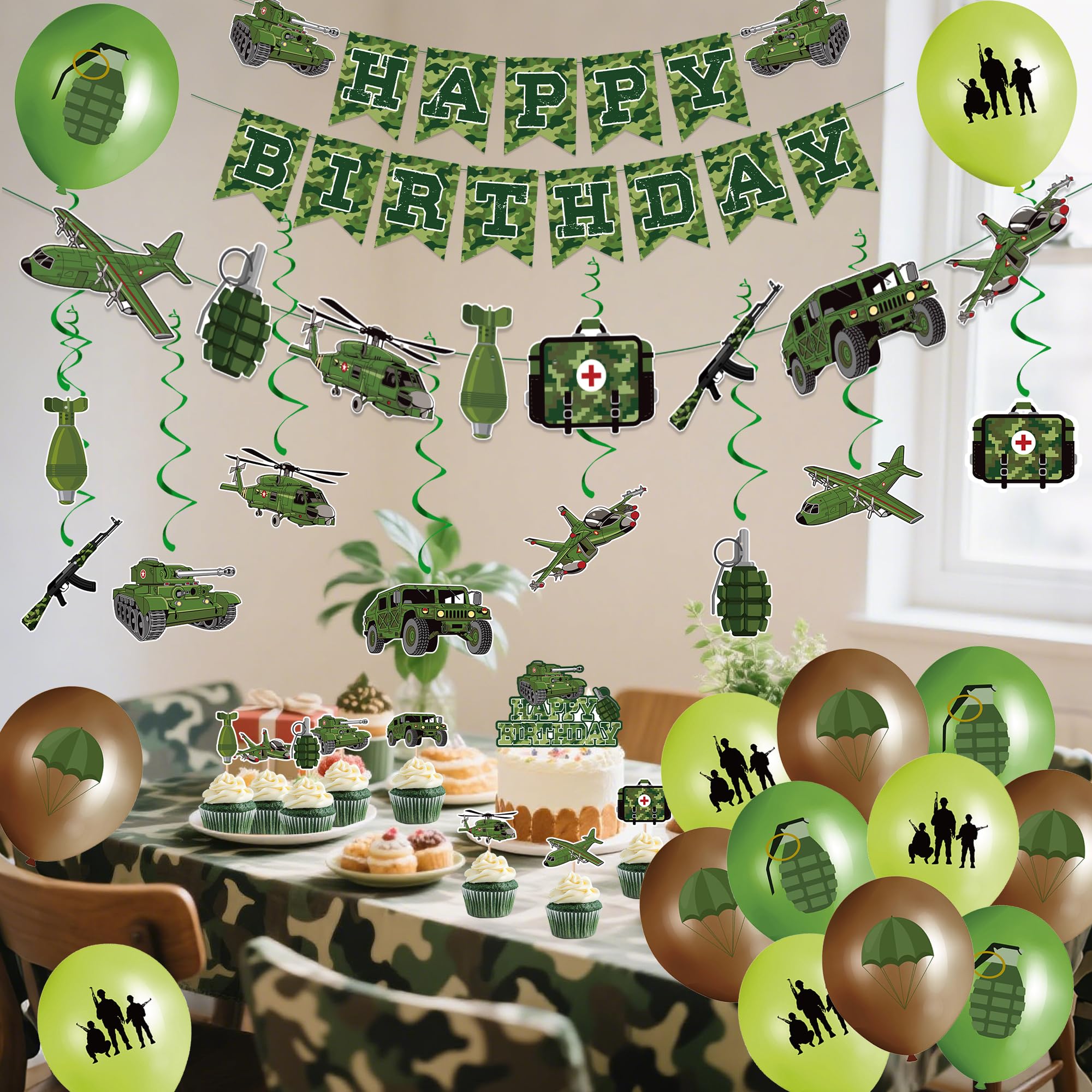 Pecration Decorazioni per feste di compleanno mimetiche – verde a tema militare Happy Birthday Banner da appendere palloncini in lattice, topper per cupcake per ragazzi e ragazze forniture per feste