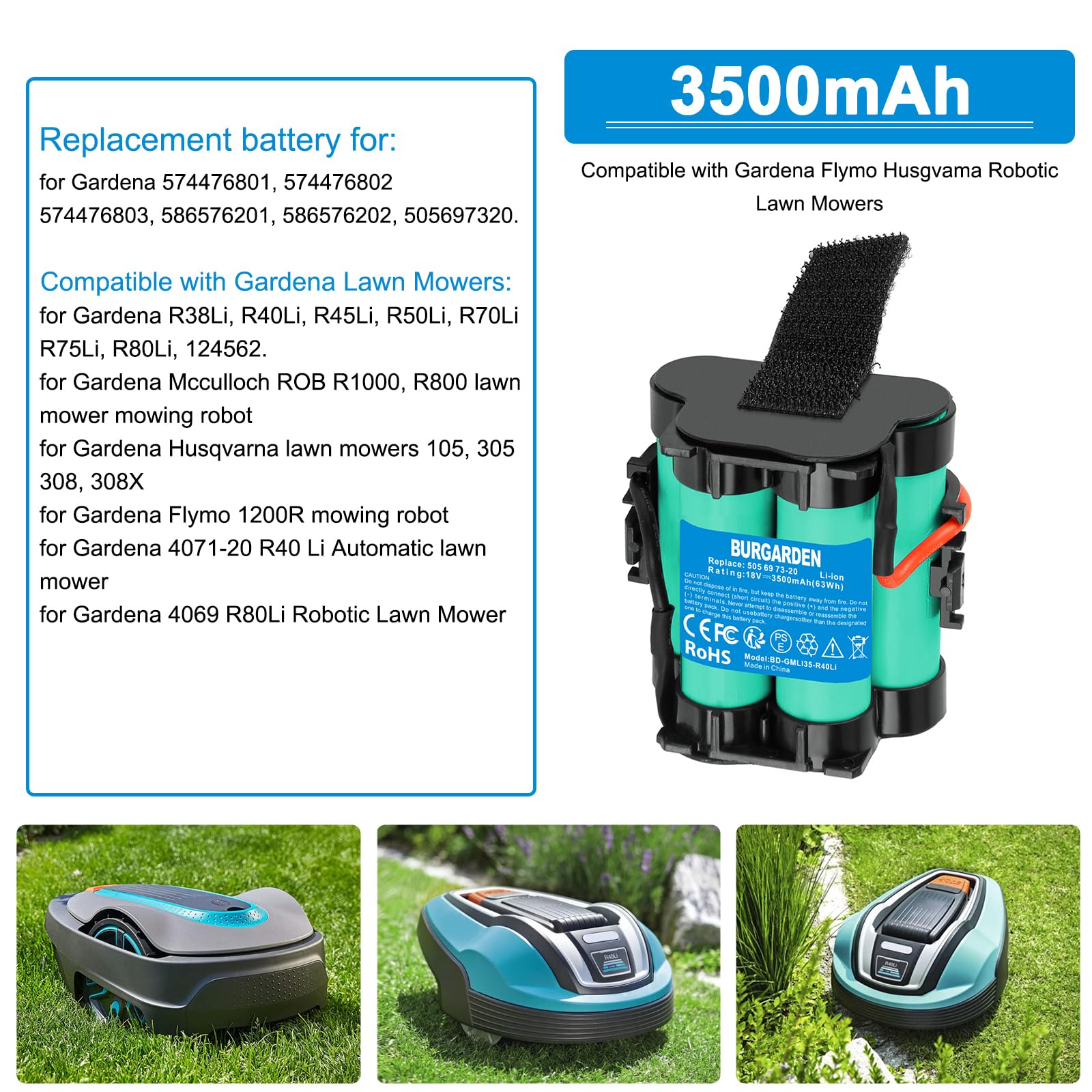 18V 3500mAh Li-ion Batteria per Gardena R40Li R45Li R50Li R70Li R75Li R80Li per Husqvarna Automower 105 305 308 McCulloch ROB R600 R800 R1000 Flymo Robot Rasaerba 1200R