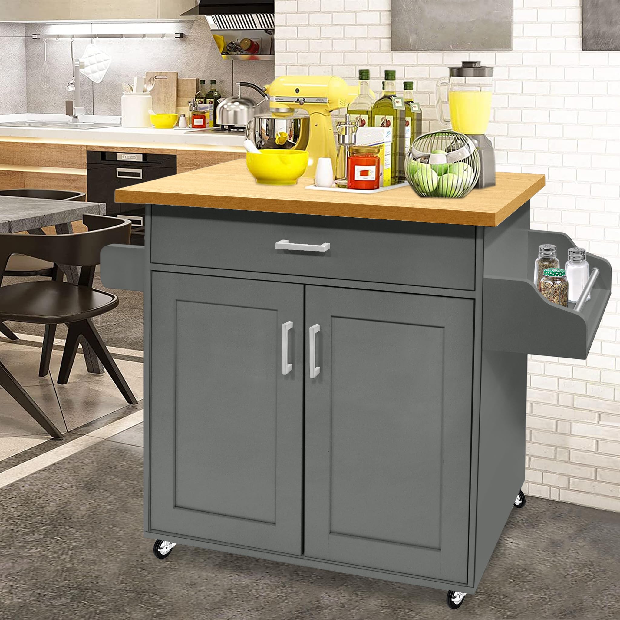 LZQ Küchenwagen Küchenschrank mit Arbeitsplatte Bewegliche Kücheninsel Küchen Wagen Rollbar, Rollwagen küche, servierwagen 115x36x90cm Grau