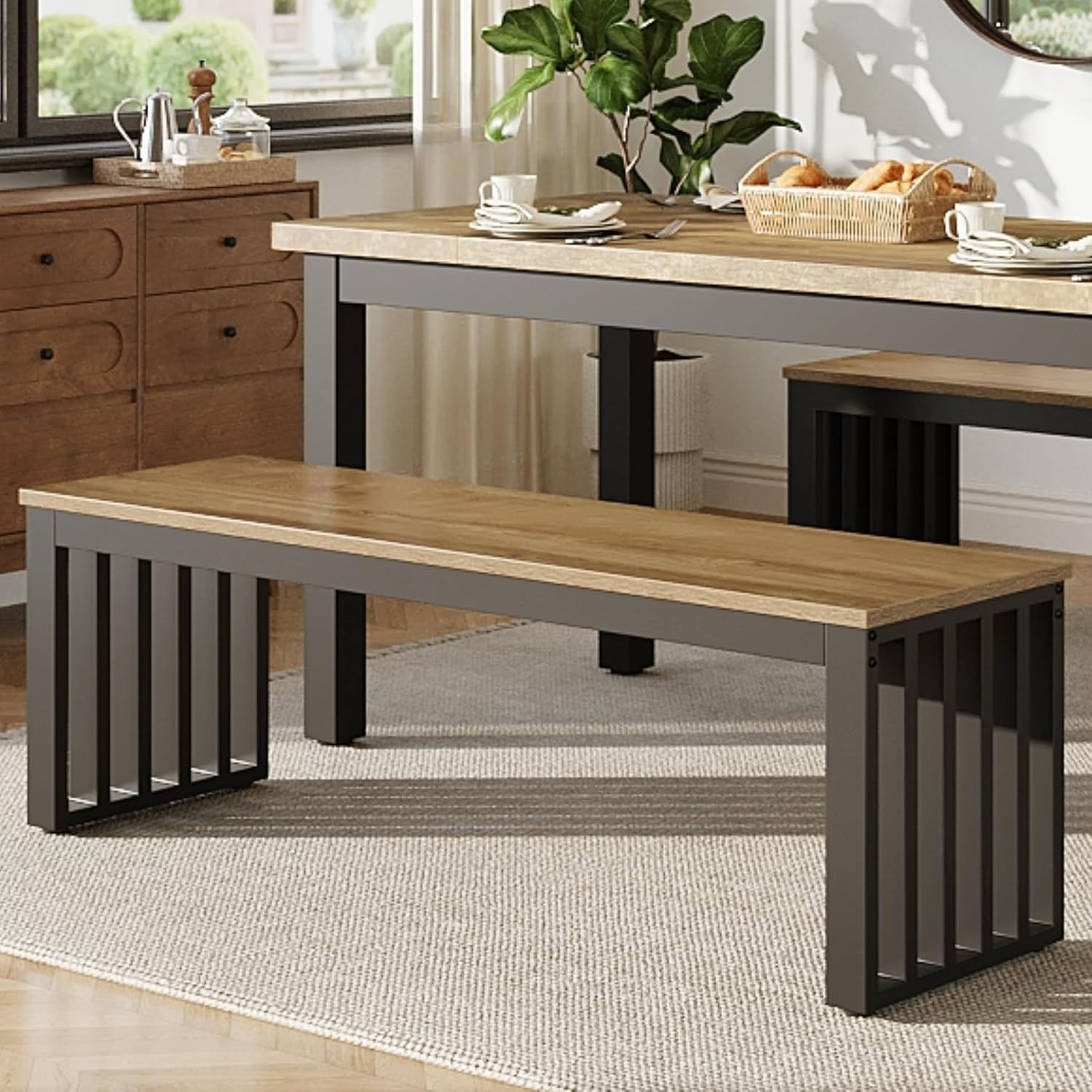 Tribesigns Industrial Dining Bench, 47.3" Indoor Wood Entryway Bench with Metal Frame, Dining Table Bench for Dining Room, Kitchen, End of Bed, Entry (Brown & Black)