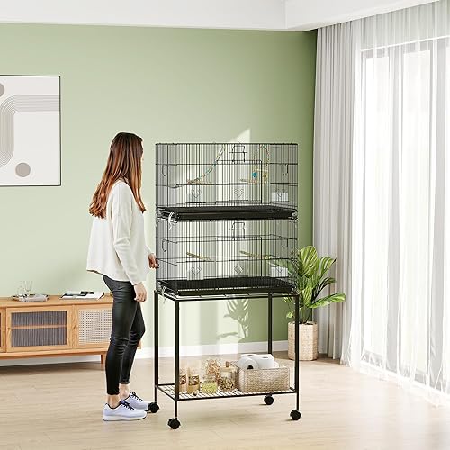 Miniatura 9 de PawHut Jaula doble apilable para pájaros con soporte, columpio de madera, escalera de cuerda y ruedas para canarios, pinzones de tortolitos, jaula