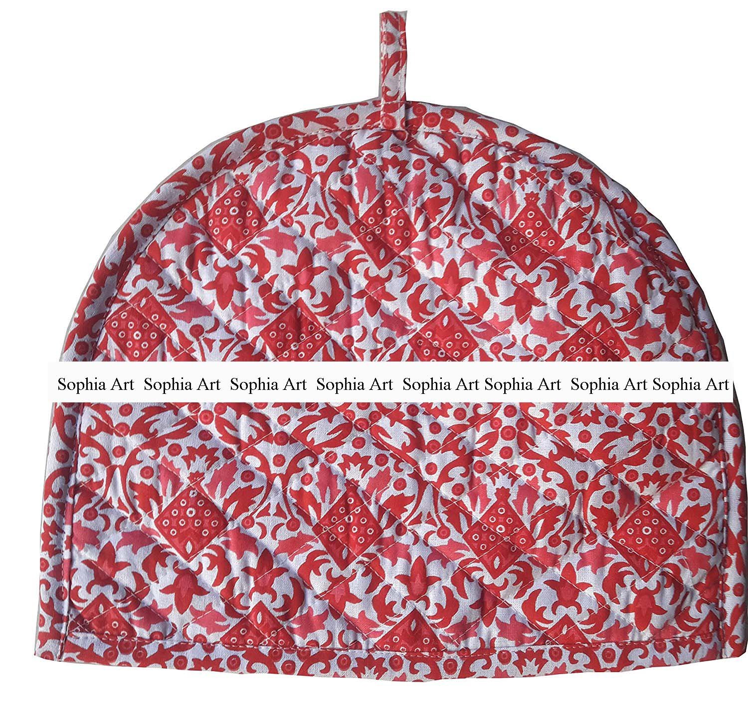 Sophia Art Decorative Indian Print Handmade Tea Cosy Vintage Unique Ethnic Floral Creative Printed Cotton Tea Cozy (Red&White Mandala)