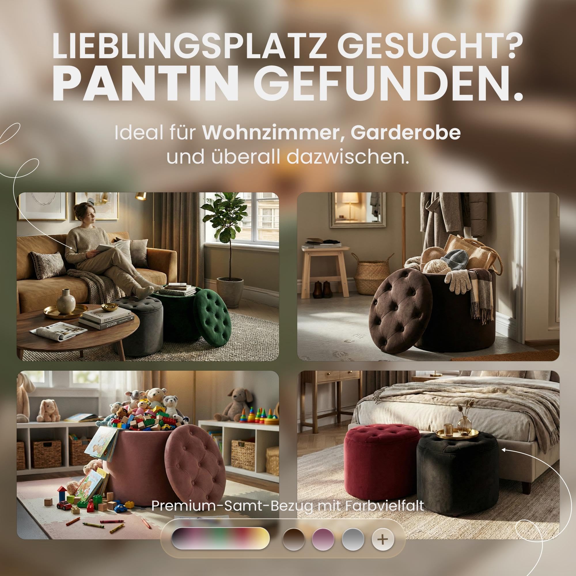 CLP Sitzhocker rund mit Stauraum Pantin, Fußhocker gepolstert mit Samtbezug, Hocker im Chesterfield Design für Wohnzimmer und Schlafzimmer Farbe grau