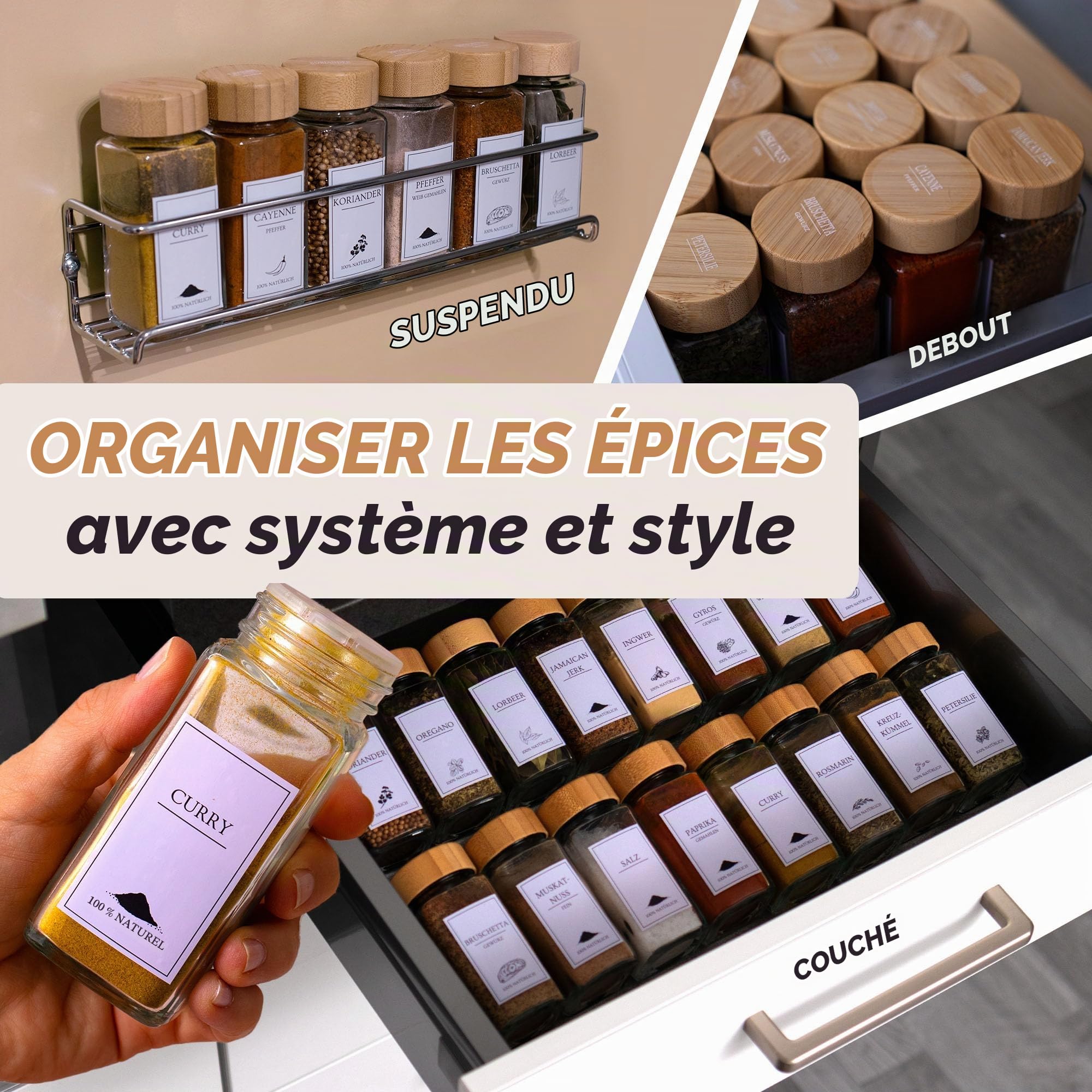 comforder Lot de 24 pots à épices carrés avec couvercles - 2 embouts de broyage et entonnoirs - 120 ml (bambou)
