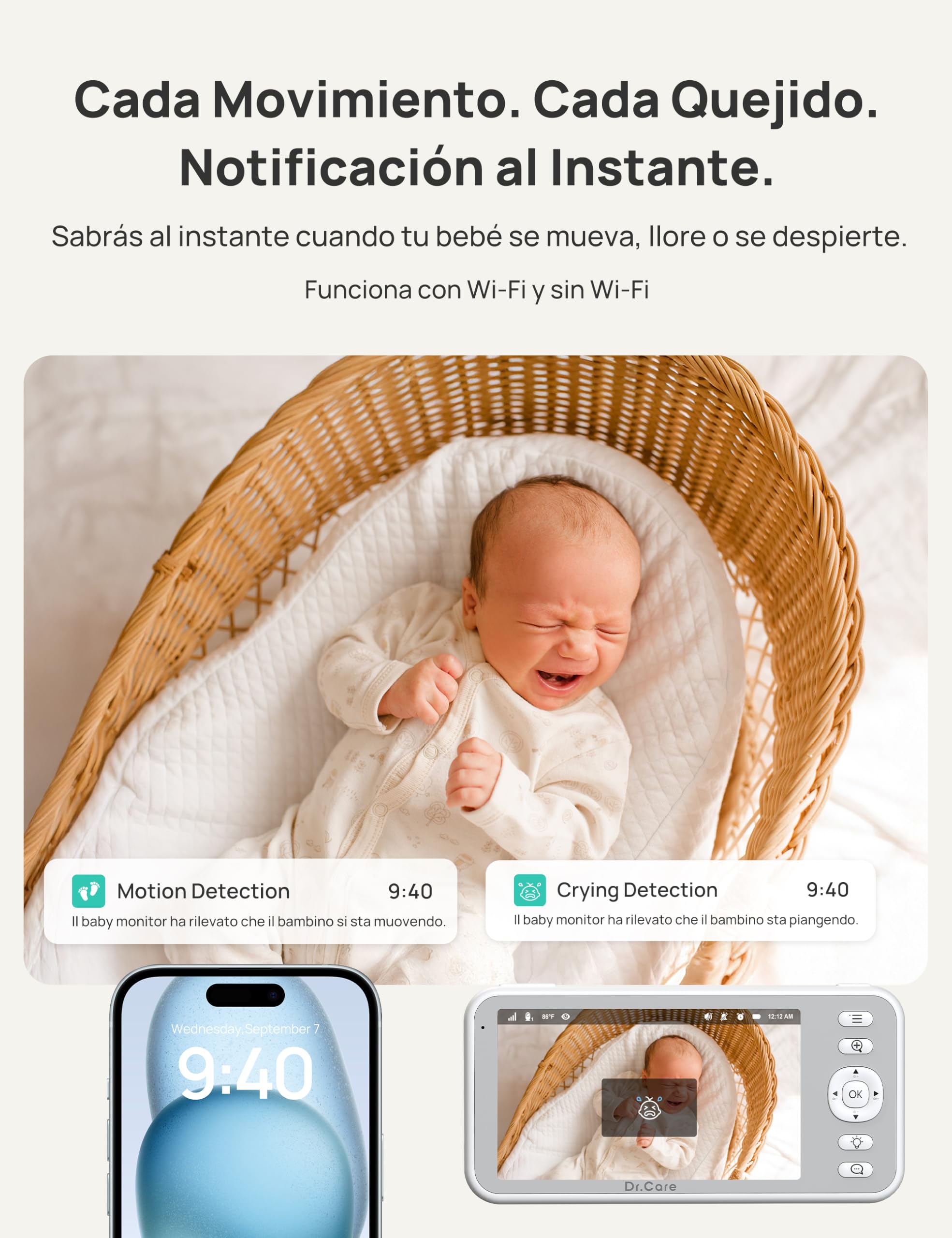 Dr.Care Camara Vigilancia Bebe WiFi 2K, Pantalla 5", App, Soporte con Pinza