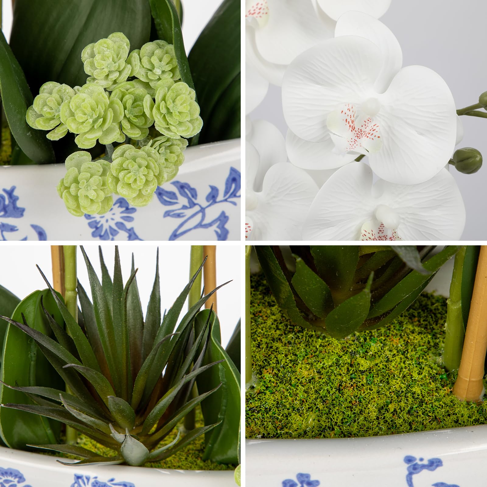 Oairse Kunstpflanze Orchideen Künstliche Deko Blumen Kunstblumen Wie Echt Mit Real-Touch Blüten im Weißer und Blauer Keramikvase Tischdeko Fensterbank Deko, Höhe 44cm