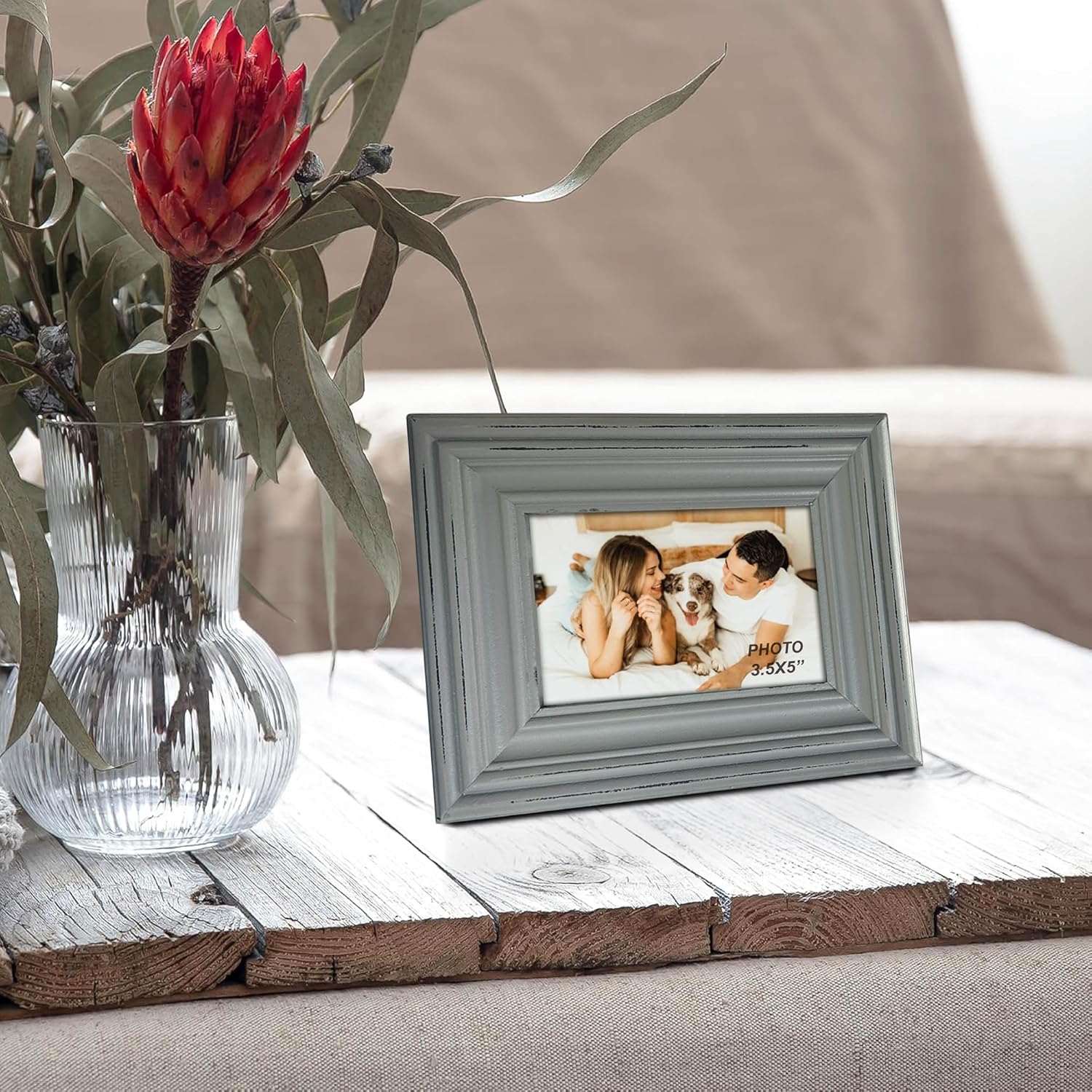 EXQUIDECA Chic Vintage 3.5x5 Inches Wooden Picture Frame Pack of 3 Farmhouse Aqua Grey White - Rustic Thick Wood High Definition Glass Photo Frame Outside 6.1x7.7 Inches