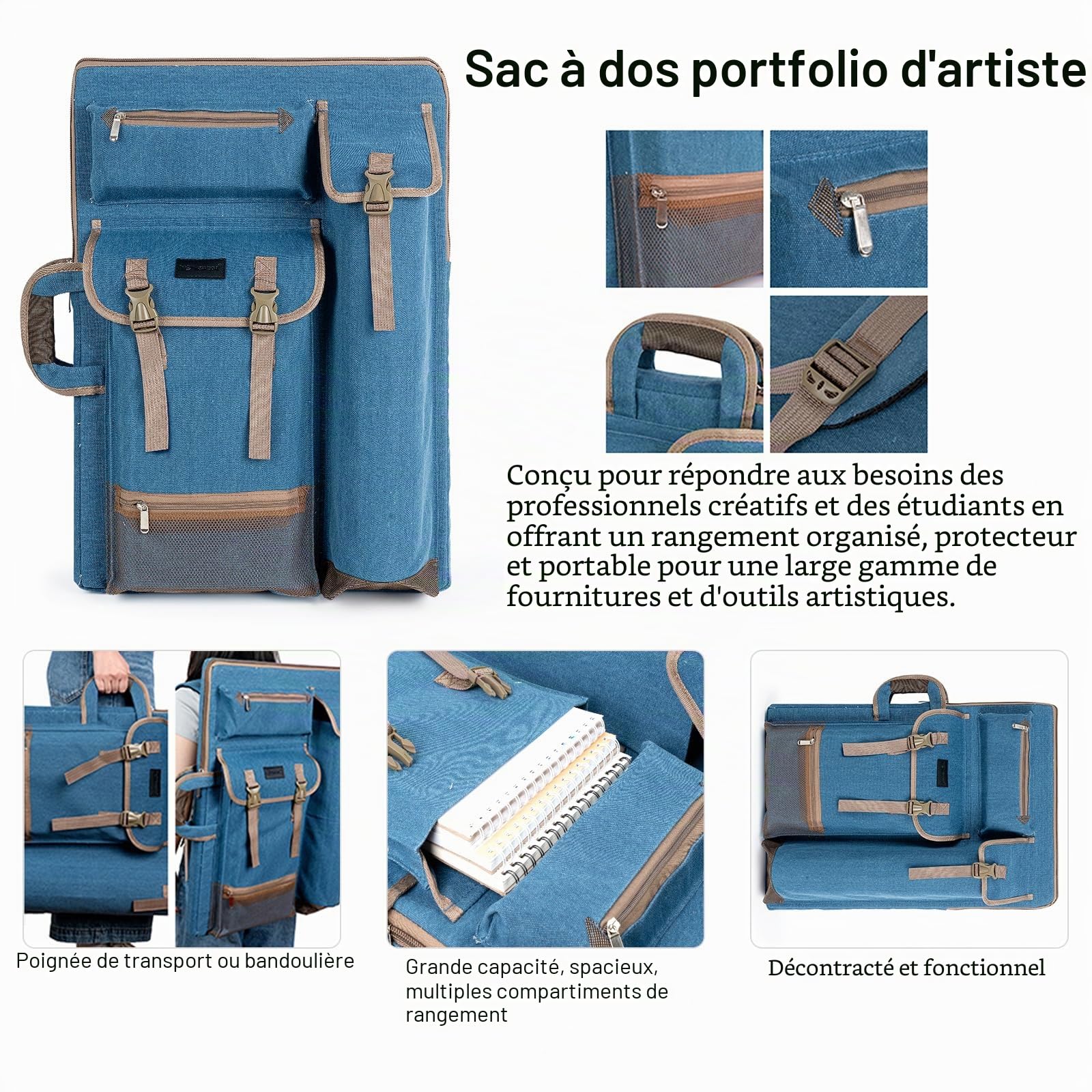 TRANSON Sac à Dos en Toile pour Portfolio d’Artiste, Grand Format, 66 x 49,5 cm