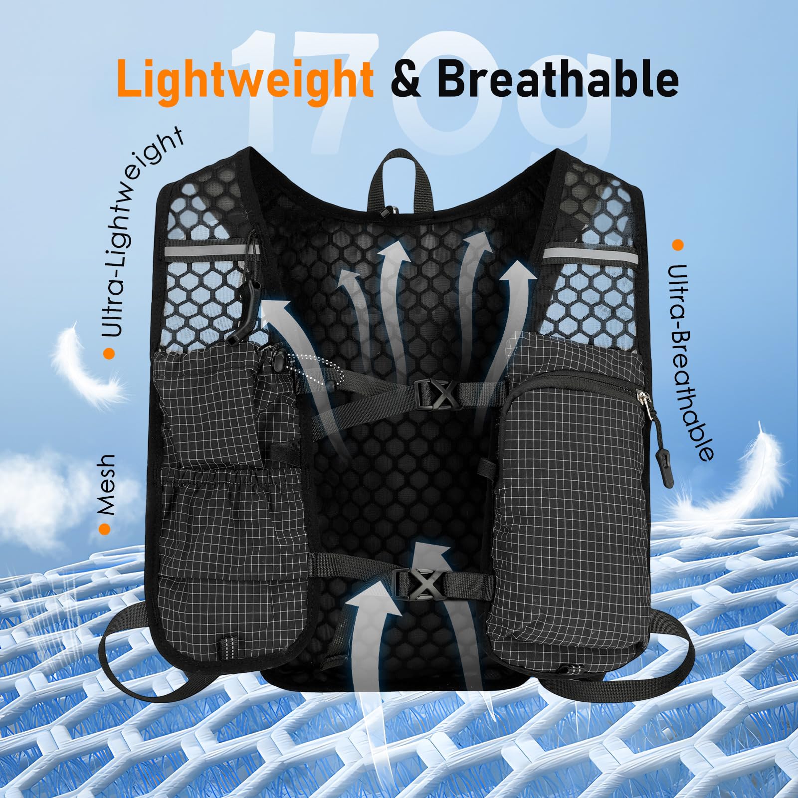 Chaleco Running Hombre Mujer, Ligera Chaleco Hidratacion Trail Running con Vejiga de Agua de 2L Mochila Hidratacion para Carrera al Aire Libre, Maratón, Ciclismo, Escalada, Esquí y Camping