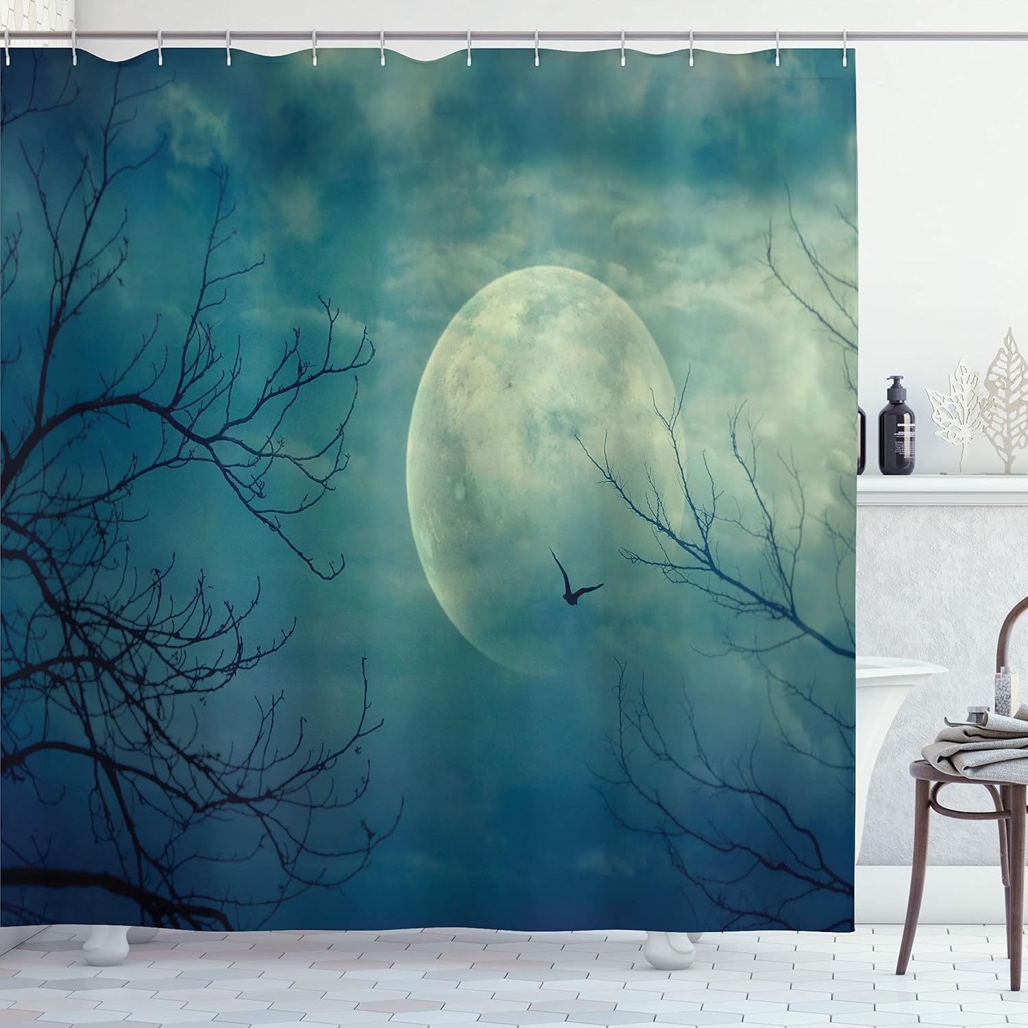 Ambesonne Horror House Shower Curtain, Halloween with Full Moon in Sky and Dead Tree Branches Evil Haunted Forest Print, Cloth Fabric Bathroom Decor Set with Hooks, 69" W x 70" L, Blue Teal