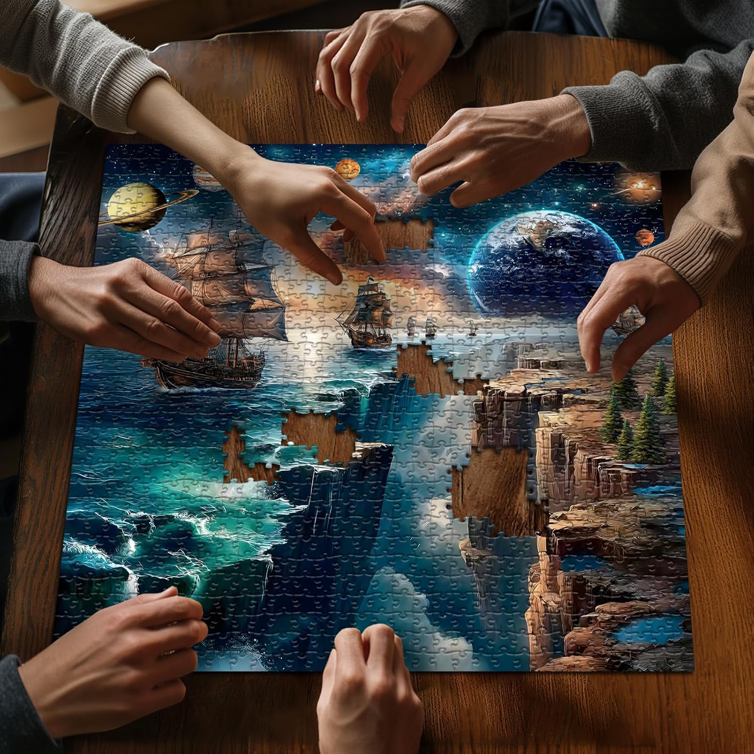 PICKFORU Fantasy Landscape Jigsaw Puzzle 1000 Pieces, Outer Space Galaxy Starry Night Puzzle,Nature Ocean Planet Sailboat Challenge Puzzle for Adults
