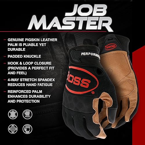 Miniatura 3 de Boss Men's Job Master Grain Pigskin Leather Palm Work Glove, Abrasion Resistant, Spandex Backing, Knuckle Paddin