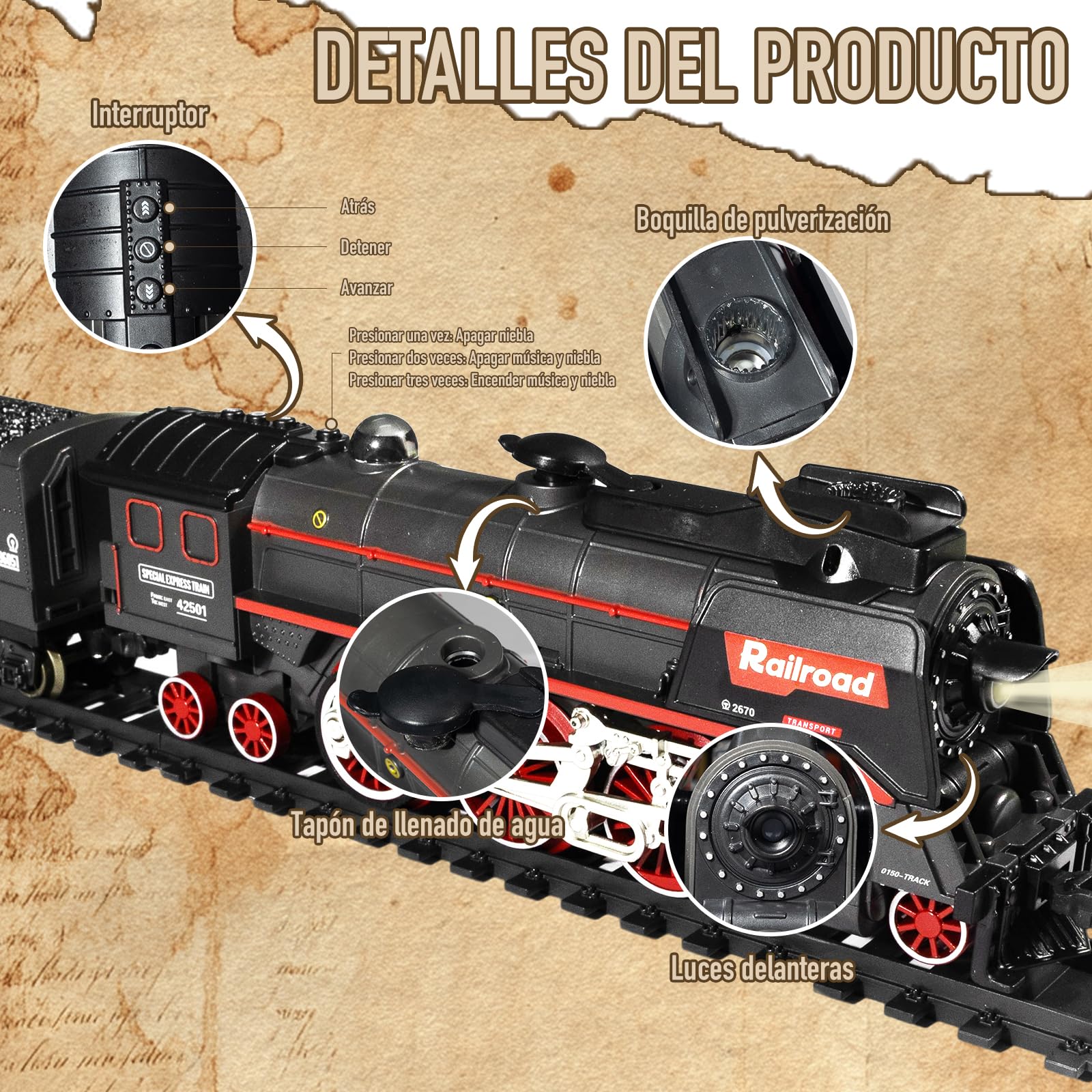 Tren Juguete, Tren Eléctrico Juguete Niños, Locomotora de Vapor Eléctrica con Humo Luminoso y Sonido, Cumpleaños para Niños