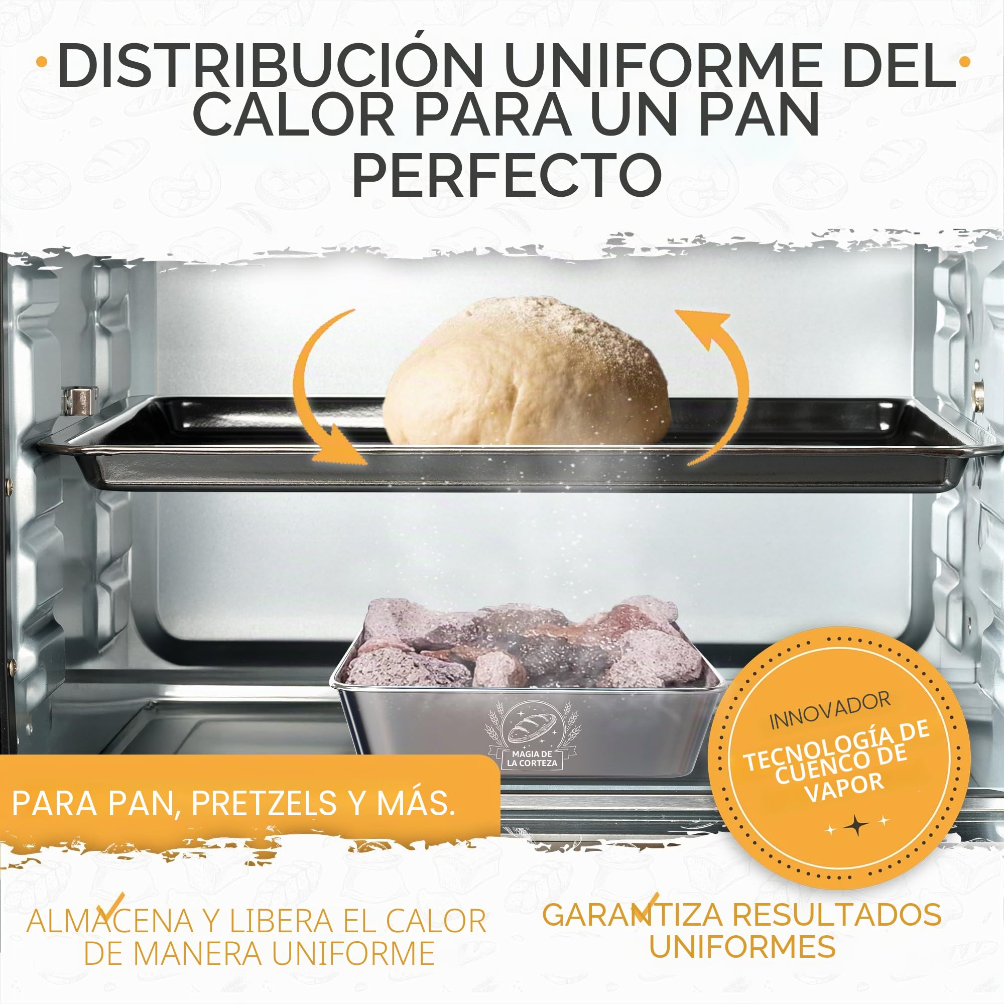 KRUSTENZAUBER Piedras de lava para hornear pan, incluye cuenco de vapor de acero inoxidable para una distribución óptima del calor gracias al vapor de agua natural, accesorios para pan crujiente