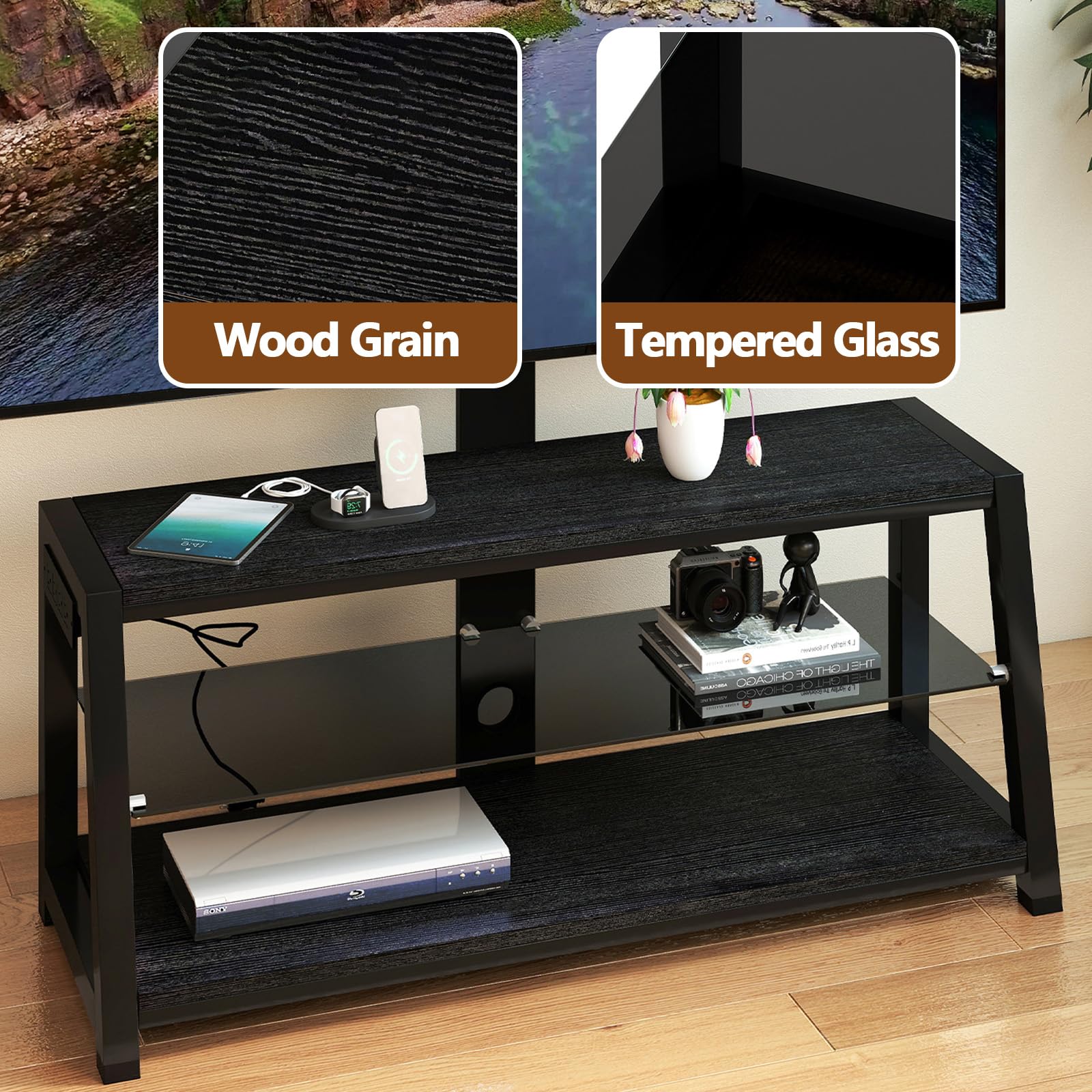 TV Stand with Mount for 32-65 inch TVs, Wood TV Stand with Storage for Bedroom Living Room, Small Entertainment Center with Power Outlet, 3 Shelves, Adjustable Height (Black)