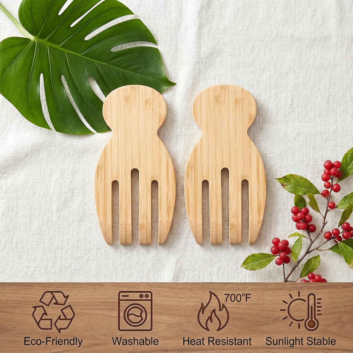 2pcs Salad Servers, Wooden Salad Tongs with Smooth Surface